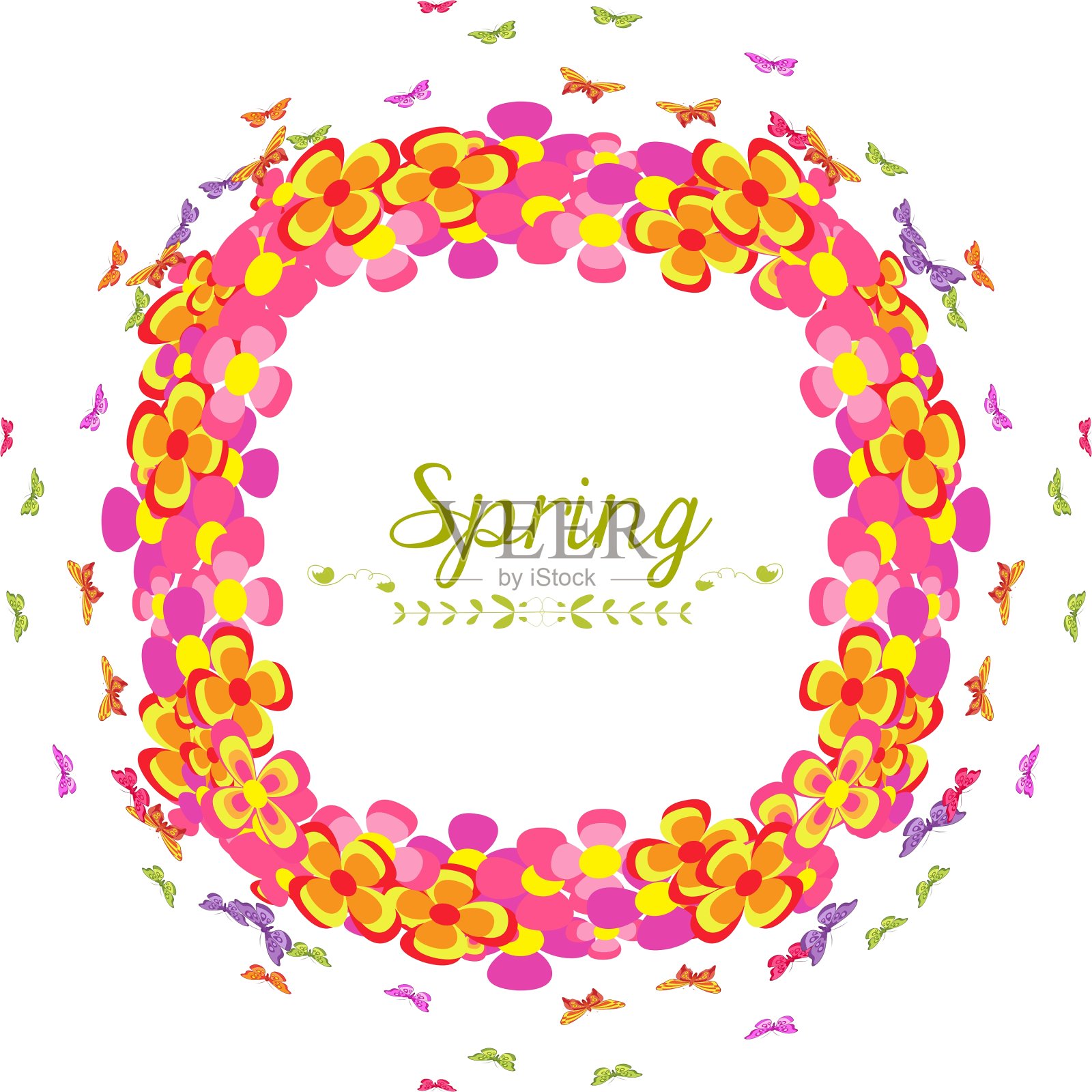 春天用花和蝴蝶相框插画图片素材