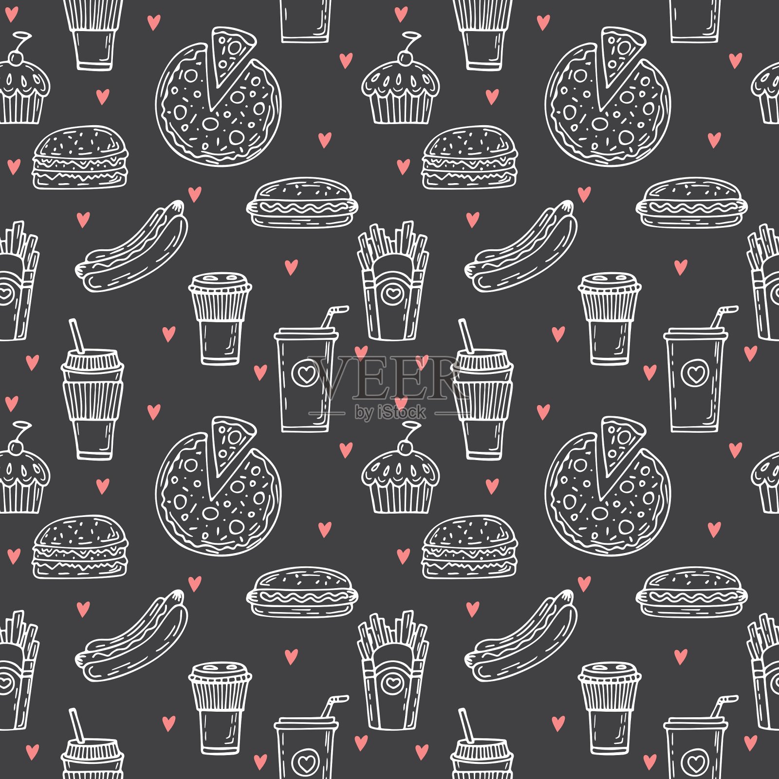 快餐无缝图案手绘食品插画图片素材