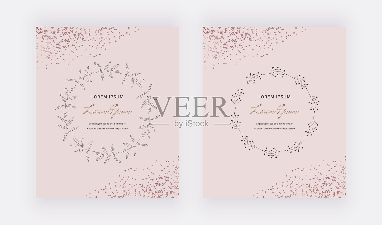 带有手绘花环框架的粉色卡片和玫瑰金五彩纸屑。装饰线的边界。为婚礼邀请，博客文章，横幅，卡片，保存日期，海报，传单的模板插画图片素材