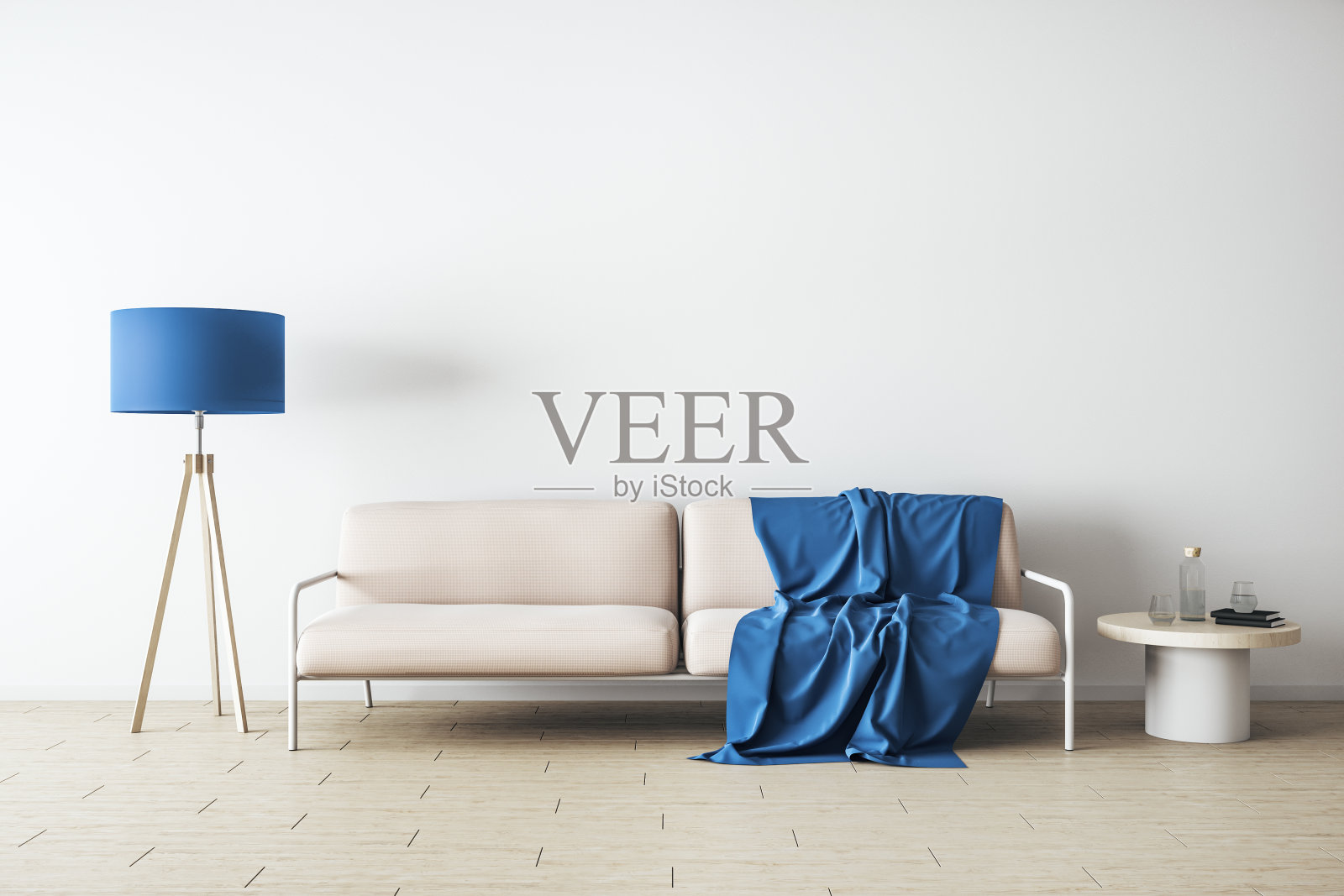 简约的客厅，沙发，台灯和墙上的复制空间照片摄影图片