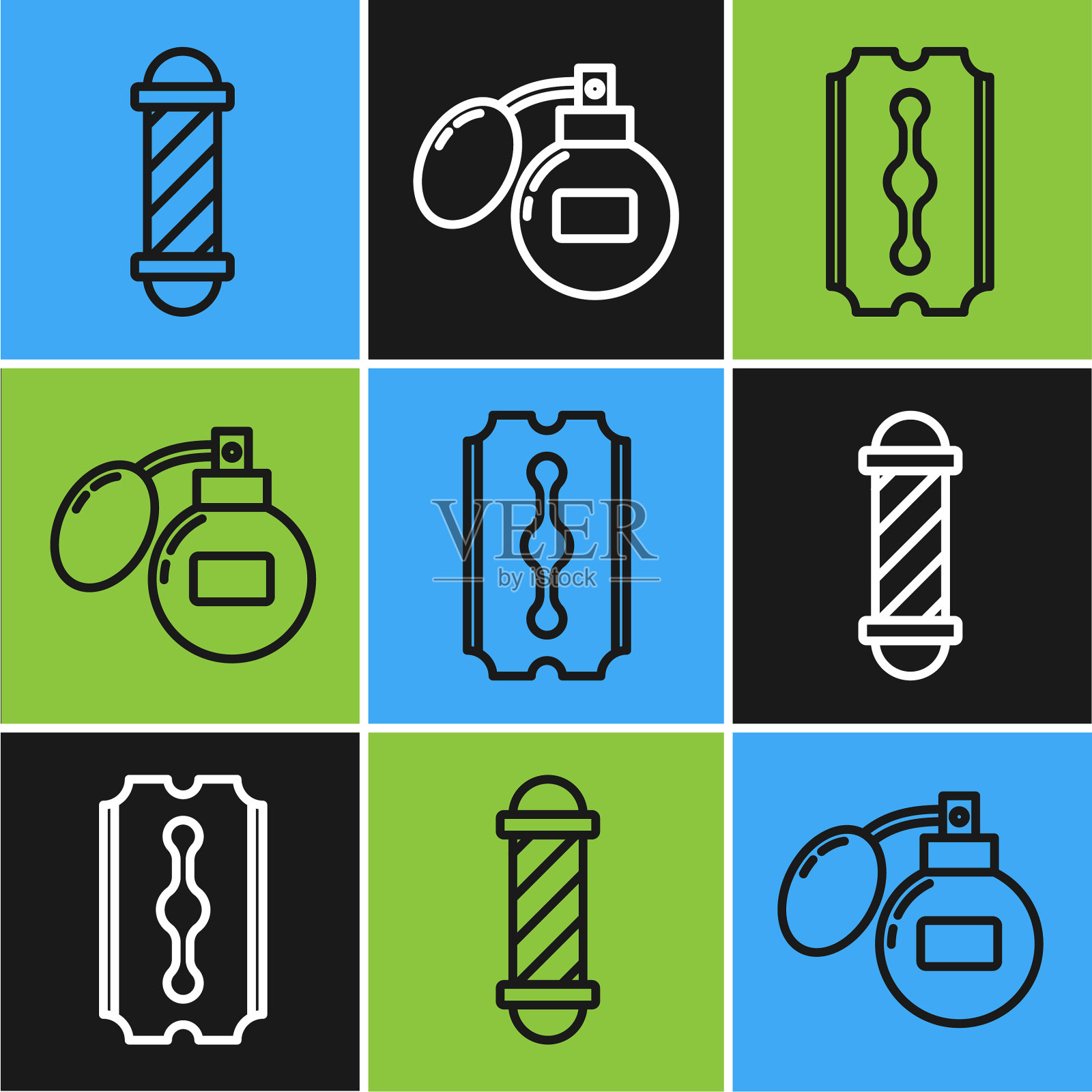 经典理发店设线杆刀片和剃须刀插画图片素材