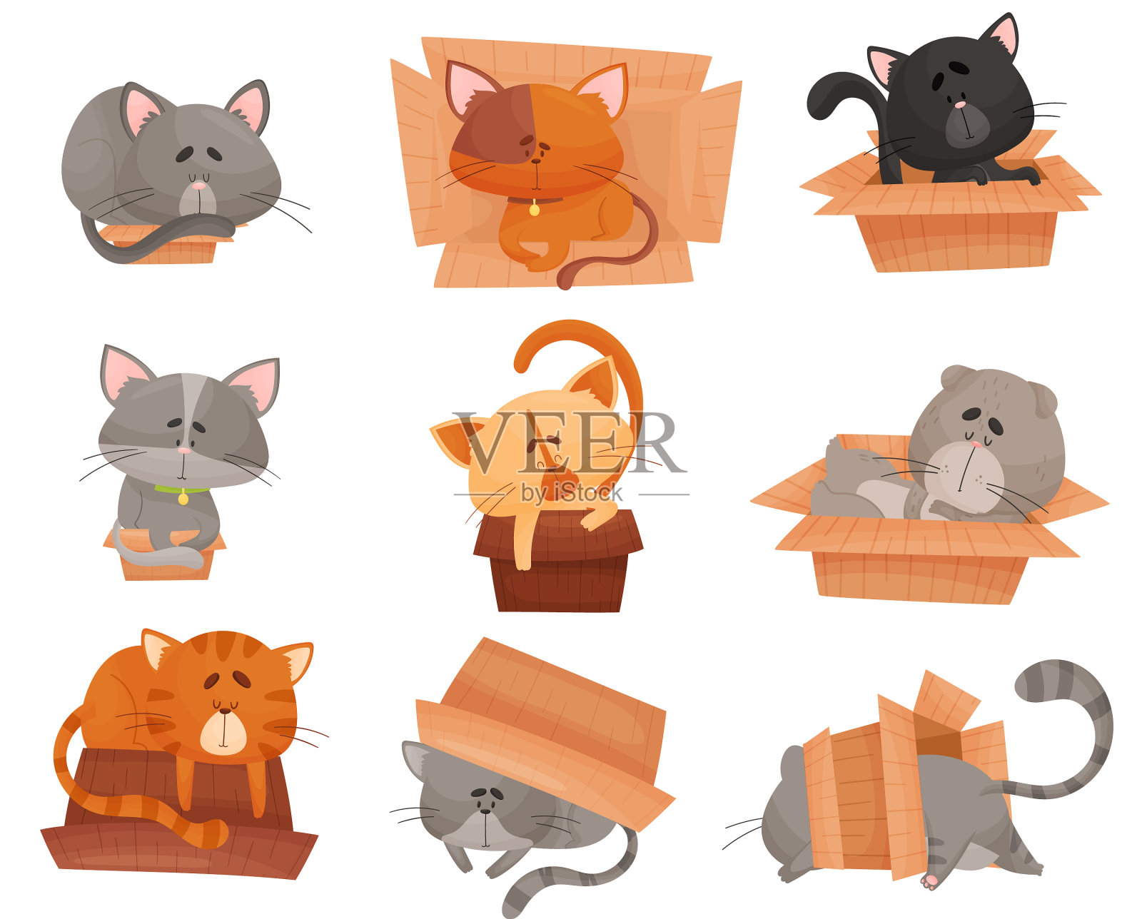 在纸板箱里睡觉和坐着的猫插画图片素材
