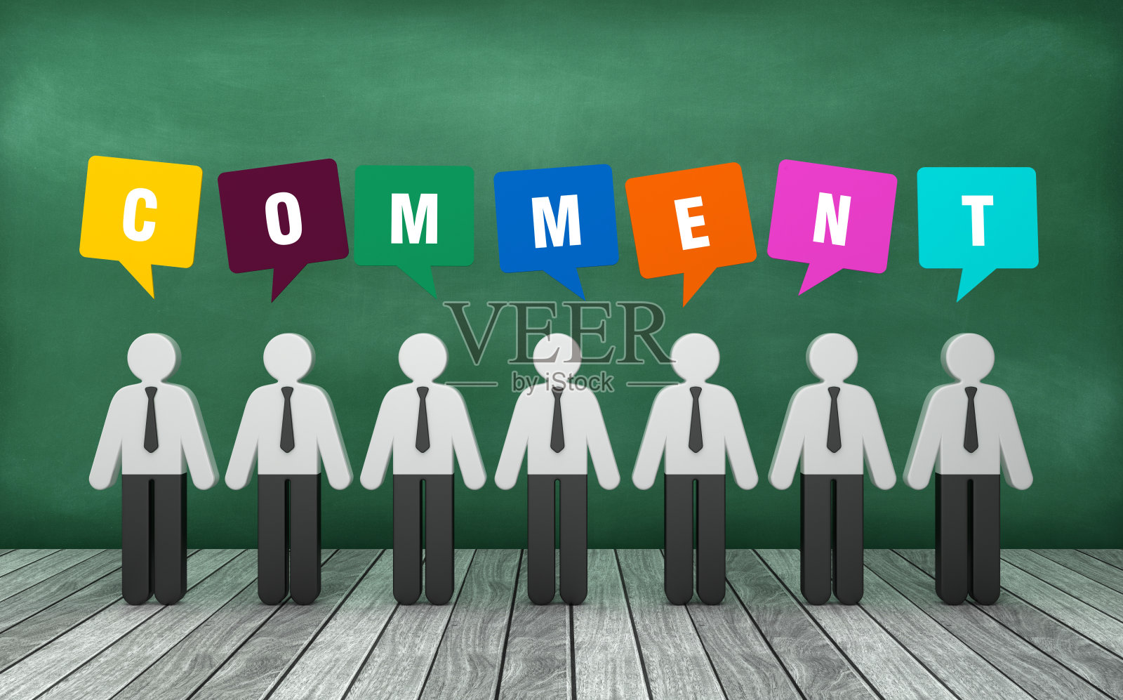 象形图人与评论气泡讲话在黑板上- 3D渲染照片摄影图片