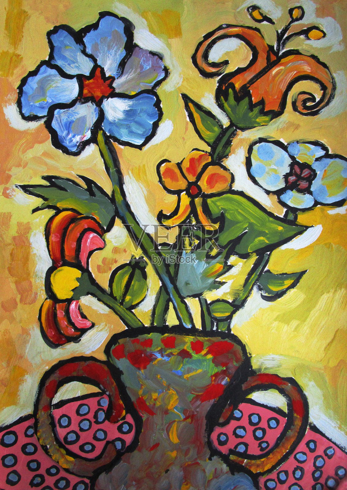 色彩鲜艳的花束，配以不同的花朵，水粉插画插画图片素材