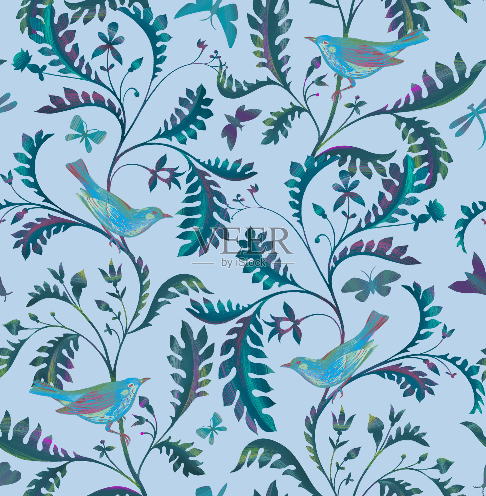 树枝上有鸟的无缝图案。手绘彩色铅笔逼真的动植物背景插画图片素材