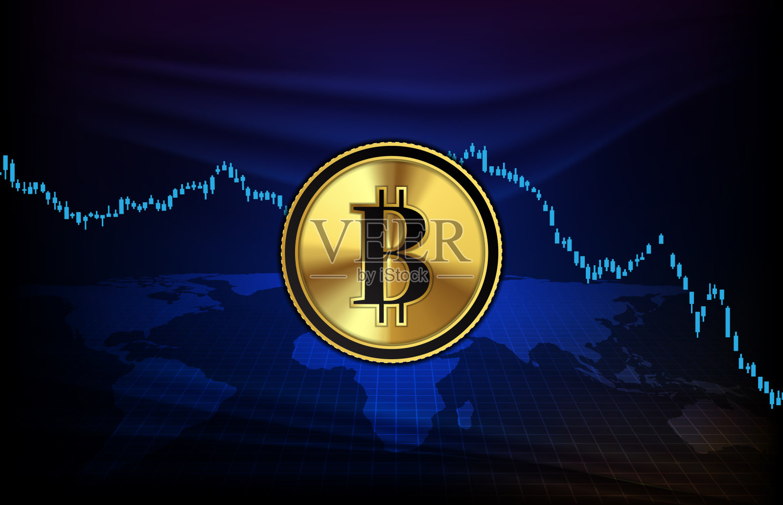 数字加密货币比特币的未来技术背景与市场走势曲线图呈下降趋势插画图片素材