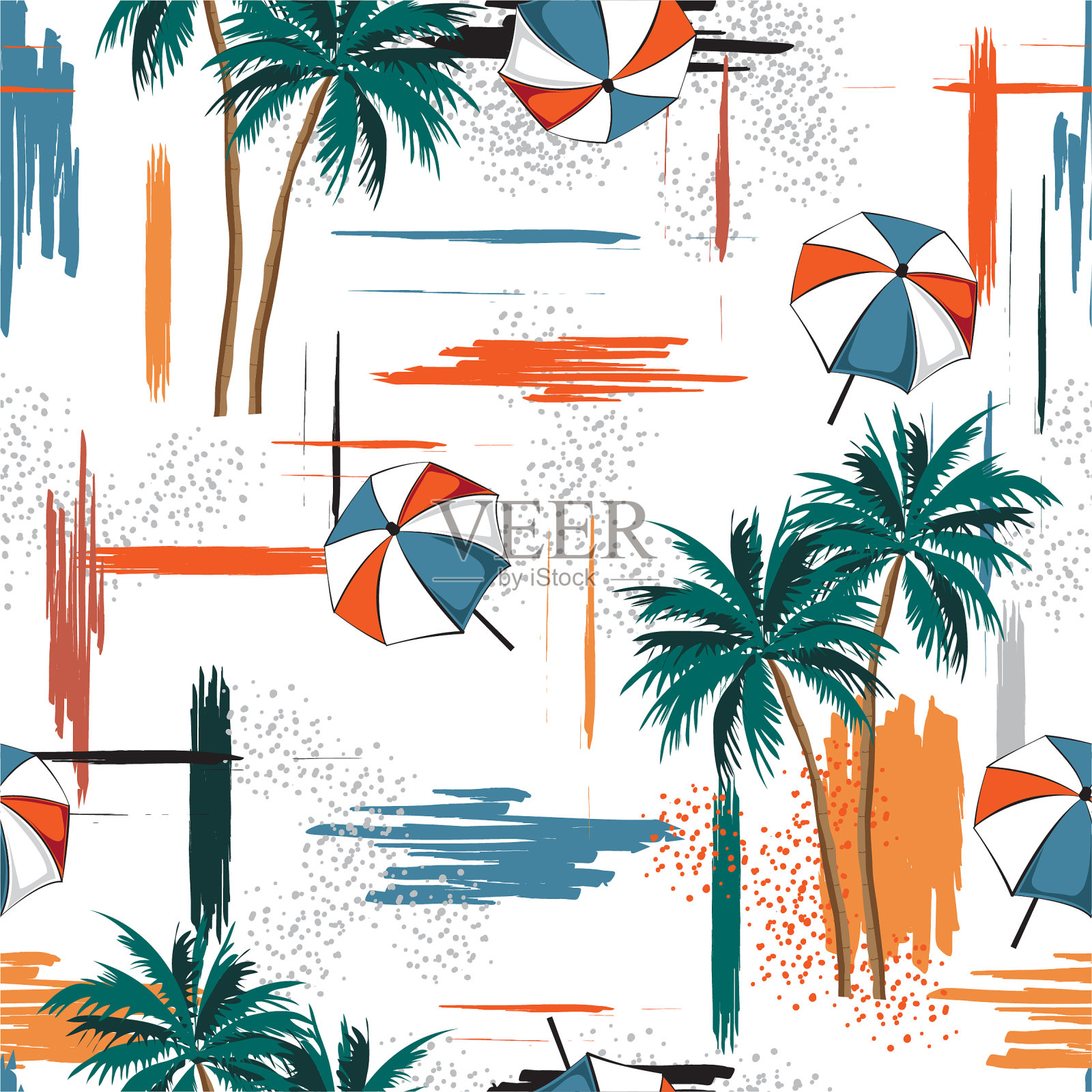 色彩丰富的笔触与海滩元素雨伞棕榈树，岛屿无缝模式矢量EOPS10。设计时装，织物，网页，壁纸，包装和所有印花插画图片素材