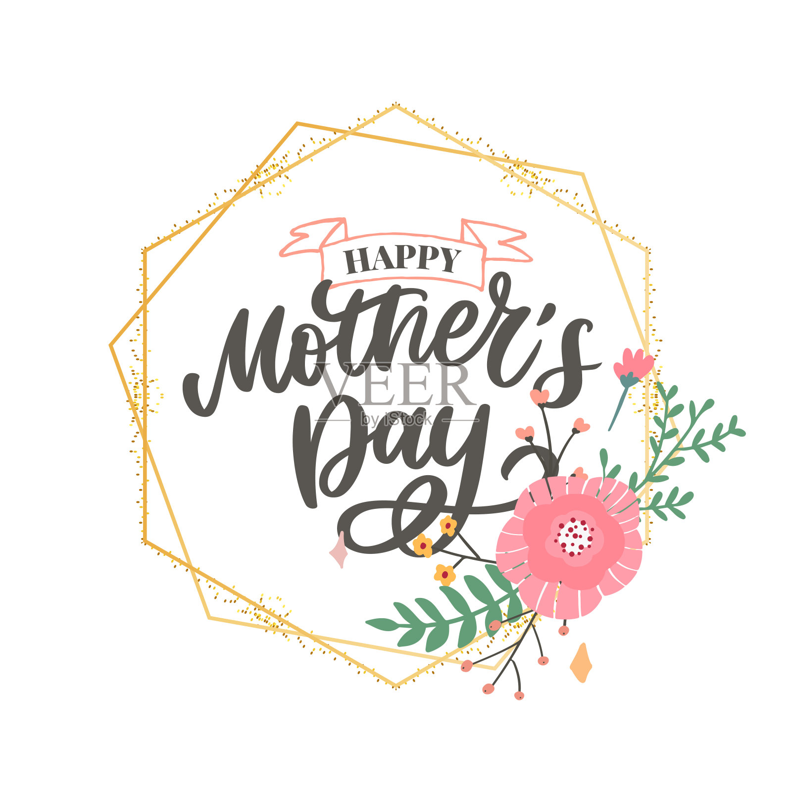 祝您母亲节快乐。手工书法矢量插图。带花的母亲节卡片插画图片素材