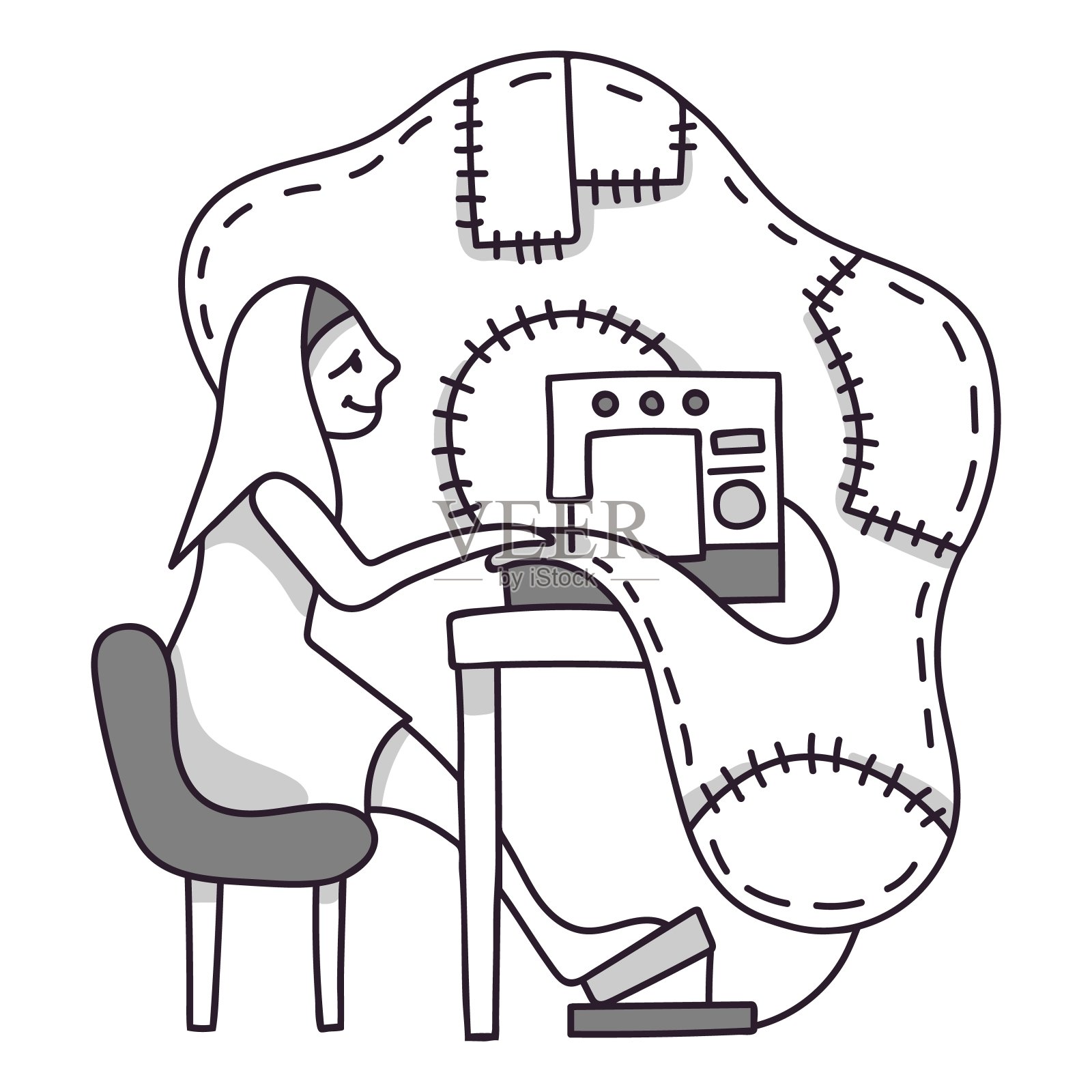 微笑的女人在缝纫机上用补丁缝抽象的织物。裁缝在起作用。线的艺术。股票矢量孤立的插图在白色的背景。的职业。时尚与剪裁理念插画图片素材