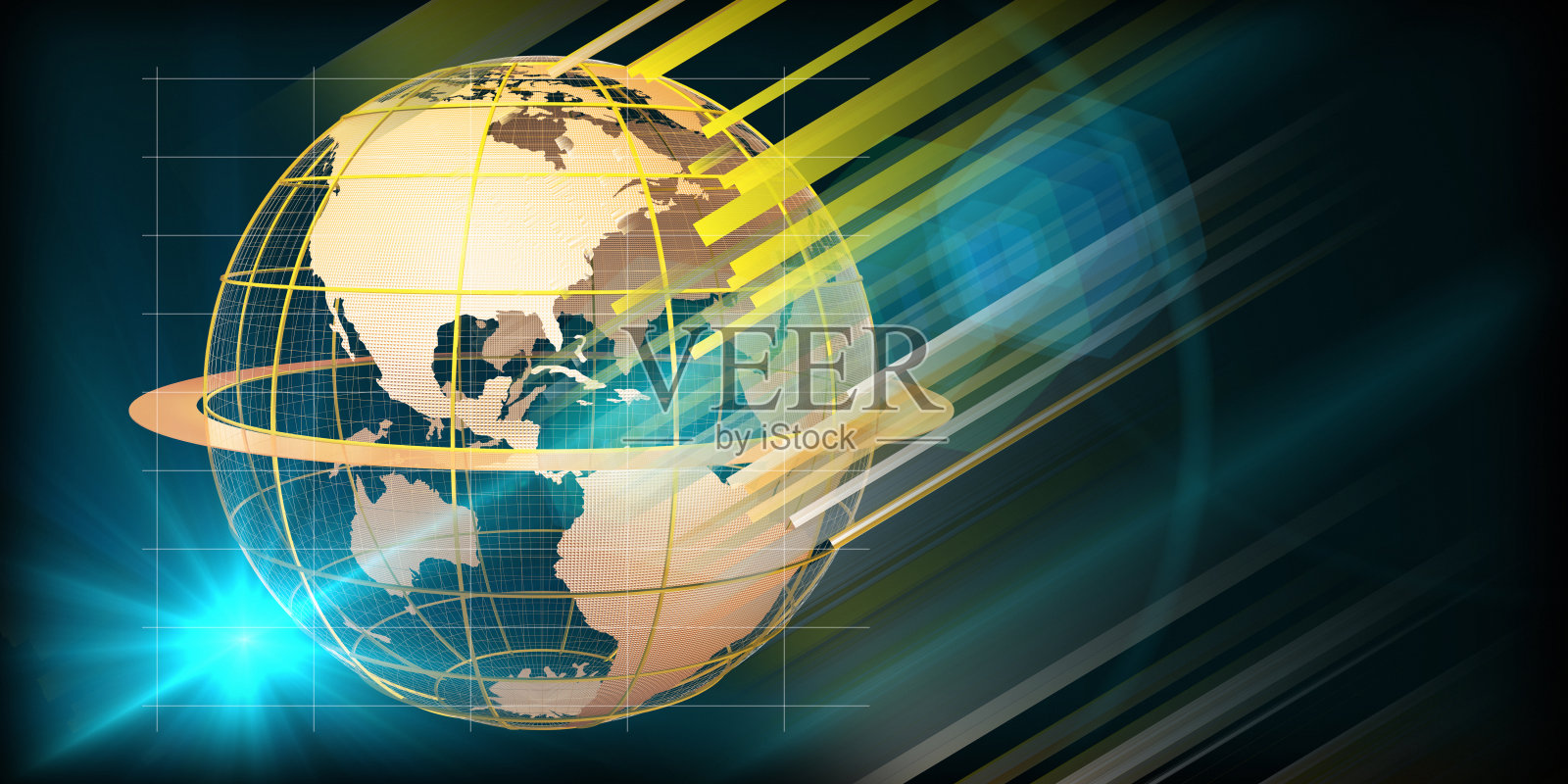 3d插图全球网络光在黑色的背景。带有地图和模糊线条的金色大地网格。大数据。渲染为商业，科学，技术的概念。照片摄影图片