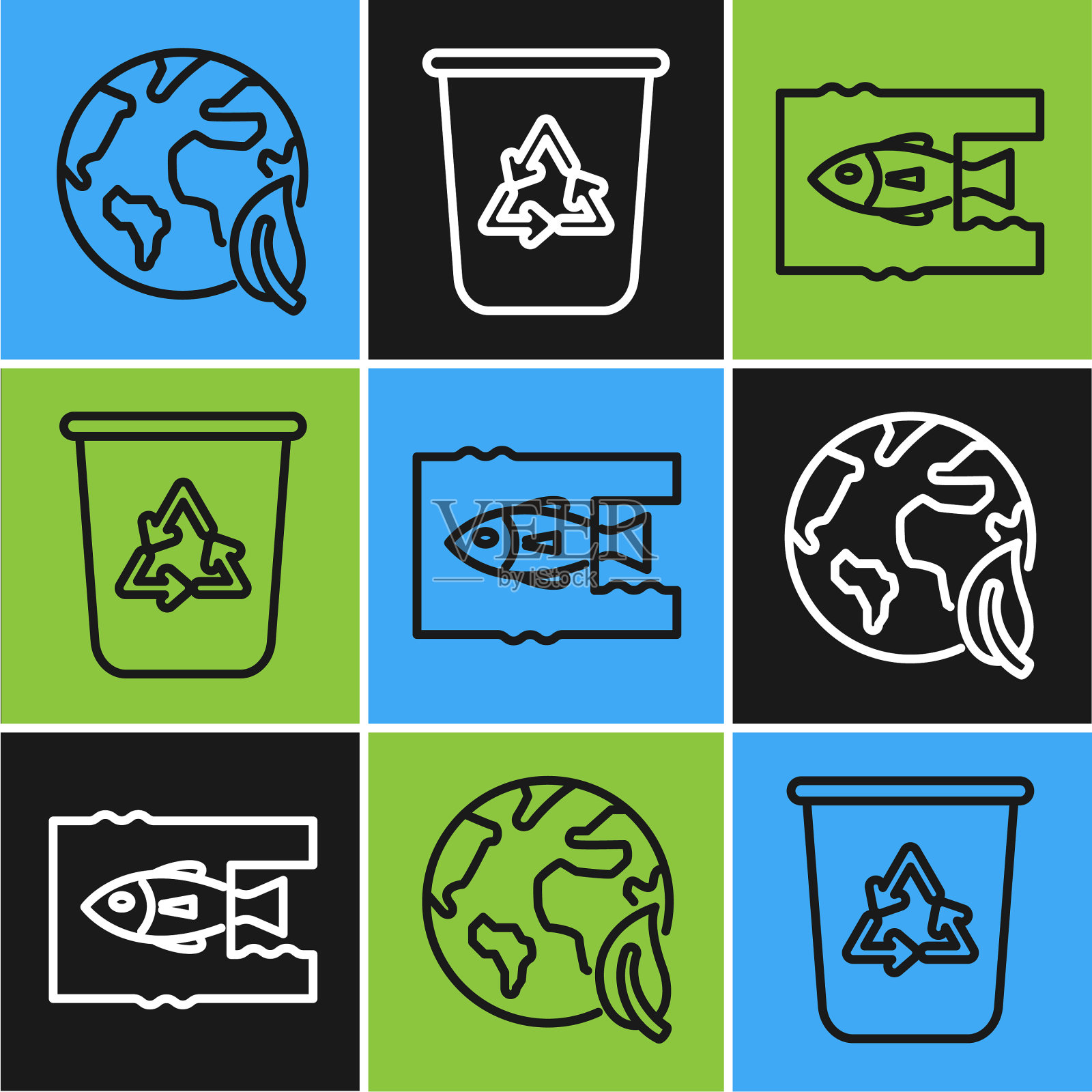 设线地球仪和叶挡海洋塑料插画图片素材