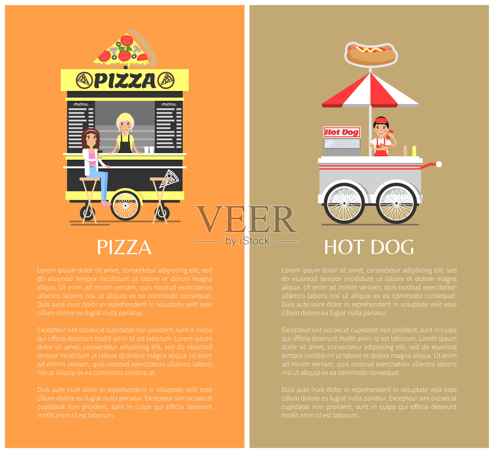 比萨和热狗移动商店矢量插图设计模板素材