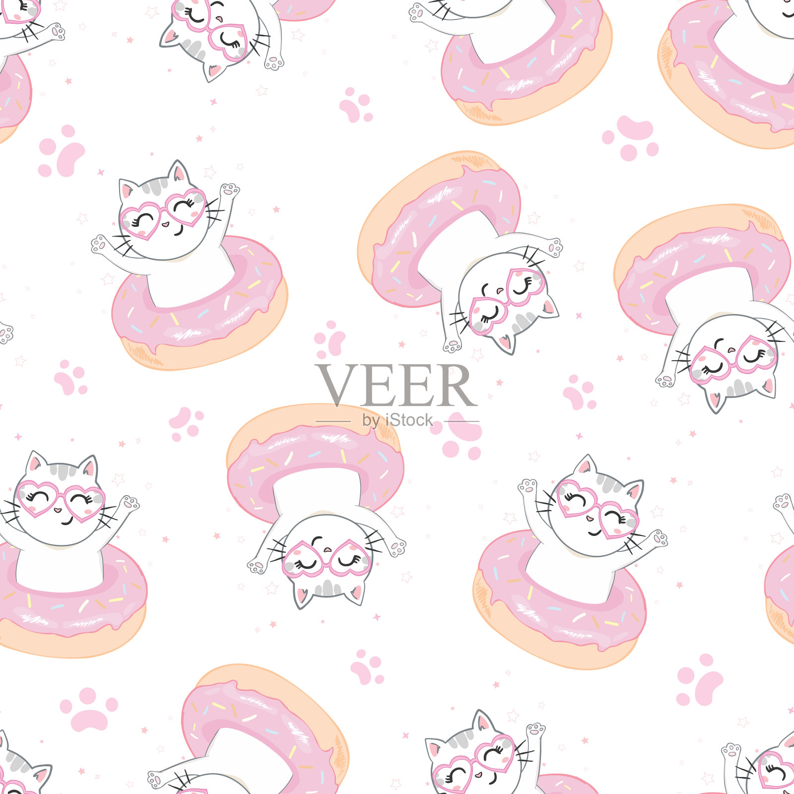 可爱的手绘小猫脸无缝图案插画图片素材
