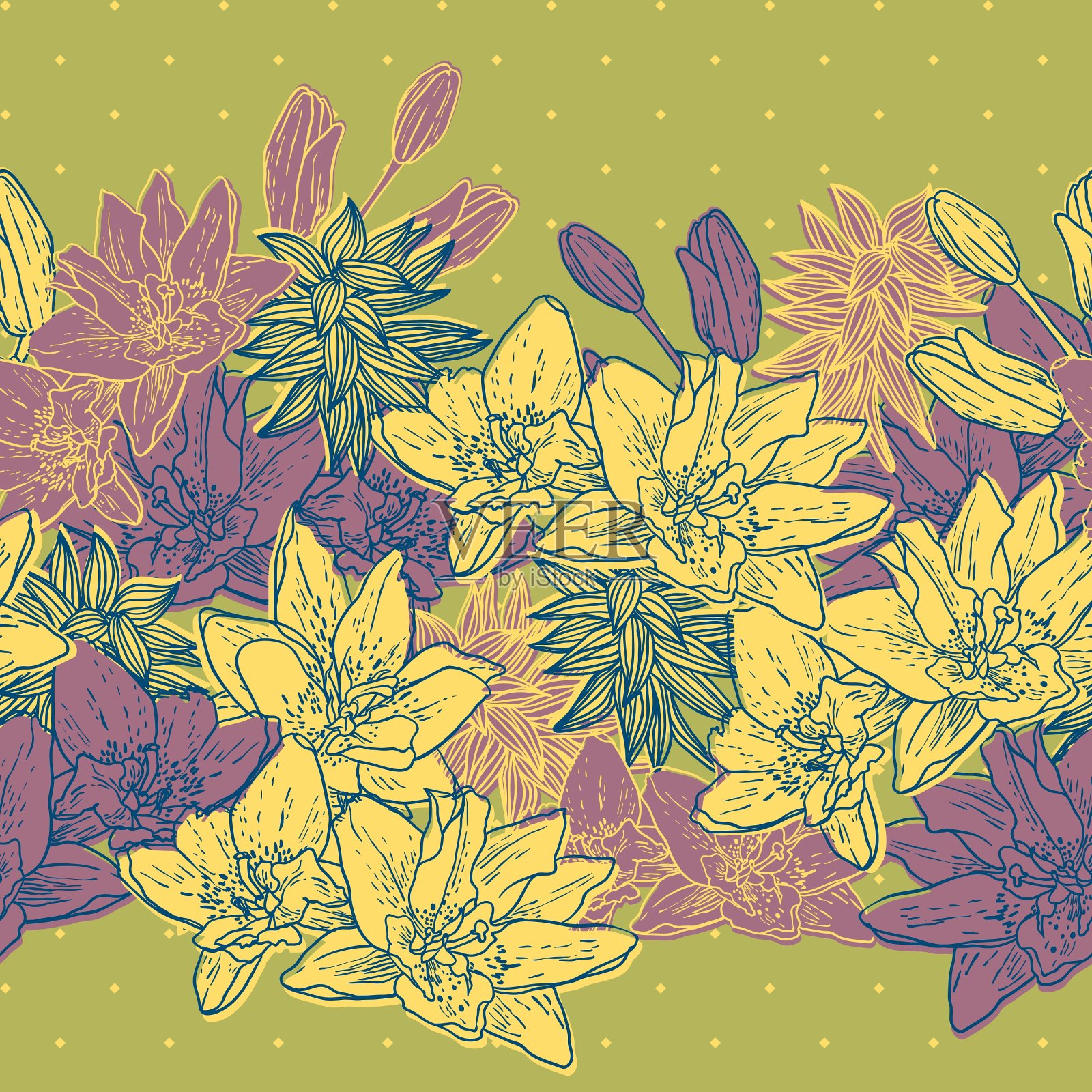 无缝花卉背景与鸟插画图片素材