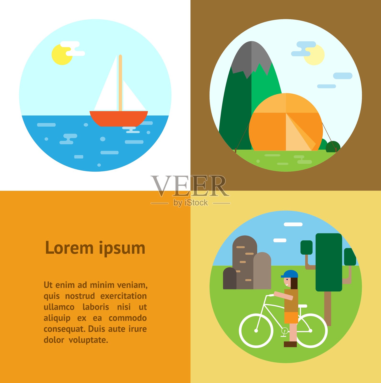 生态旅游露营、自行车、帆船插画图片素材