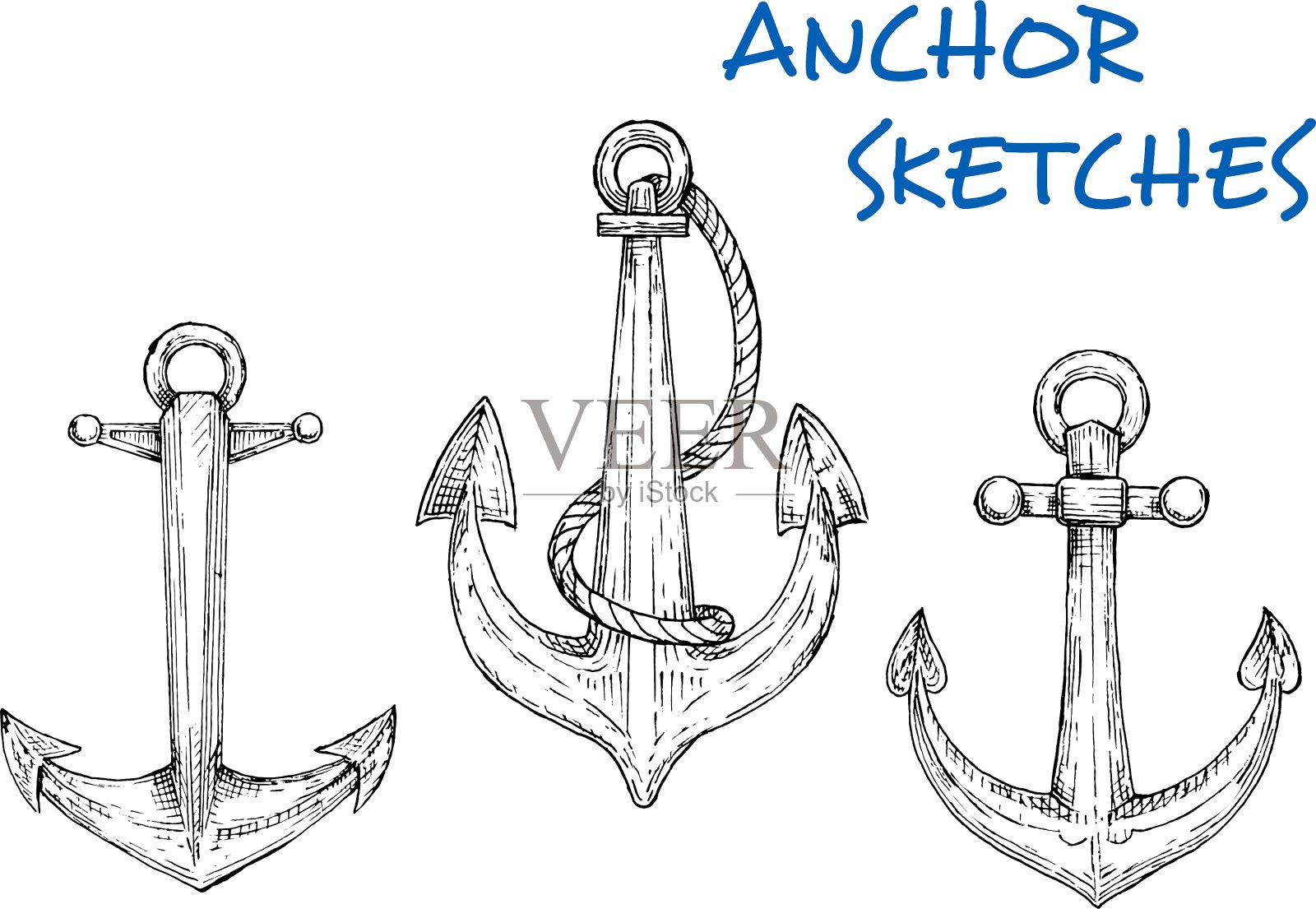 草图的复古航海锚与绳子插画图片素材