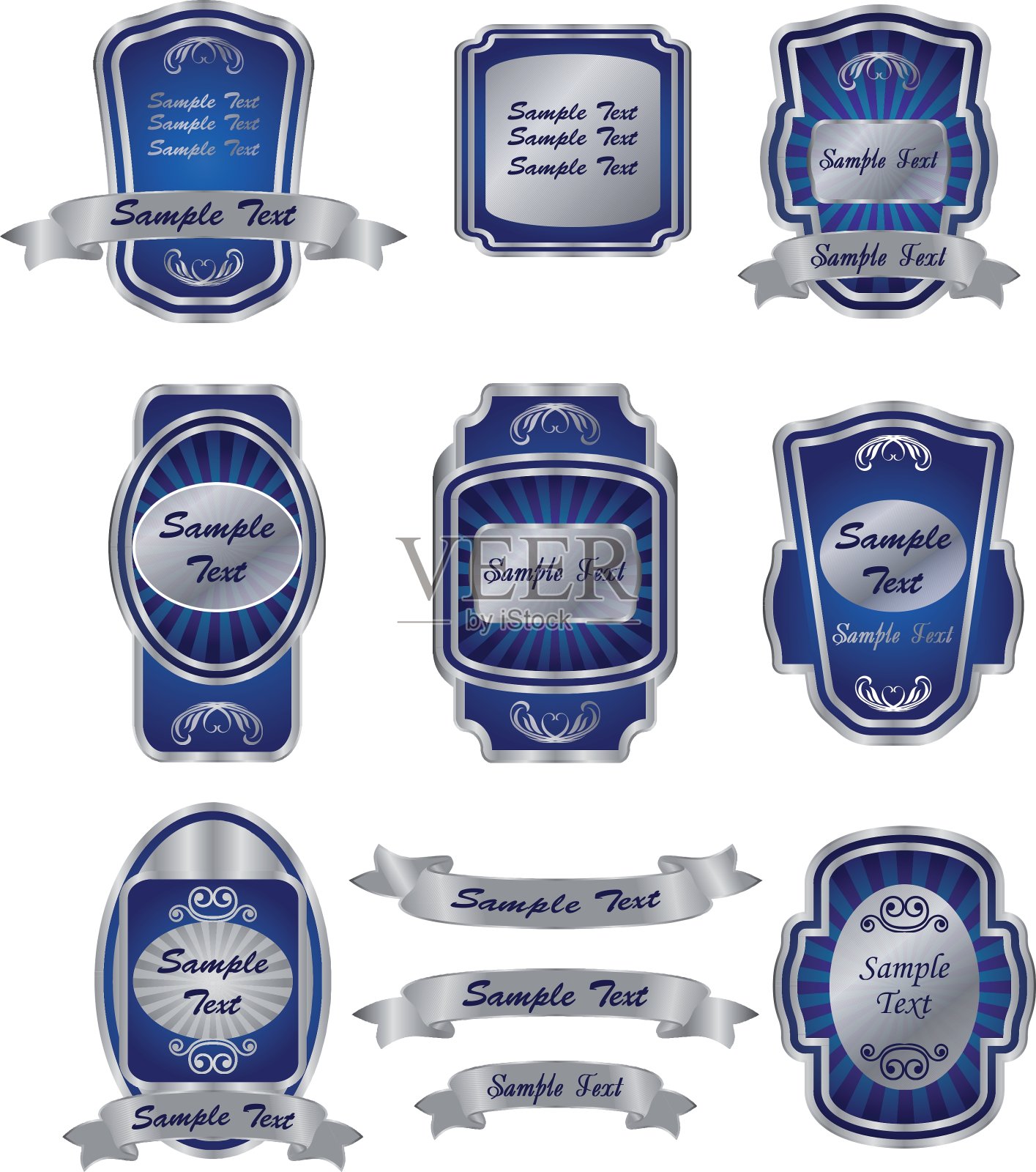 一套古老的银色标签插画图片素材