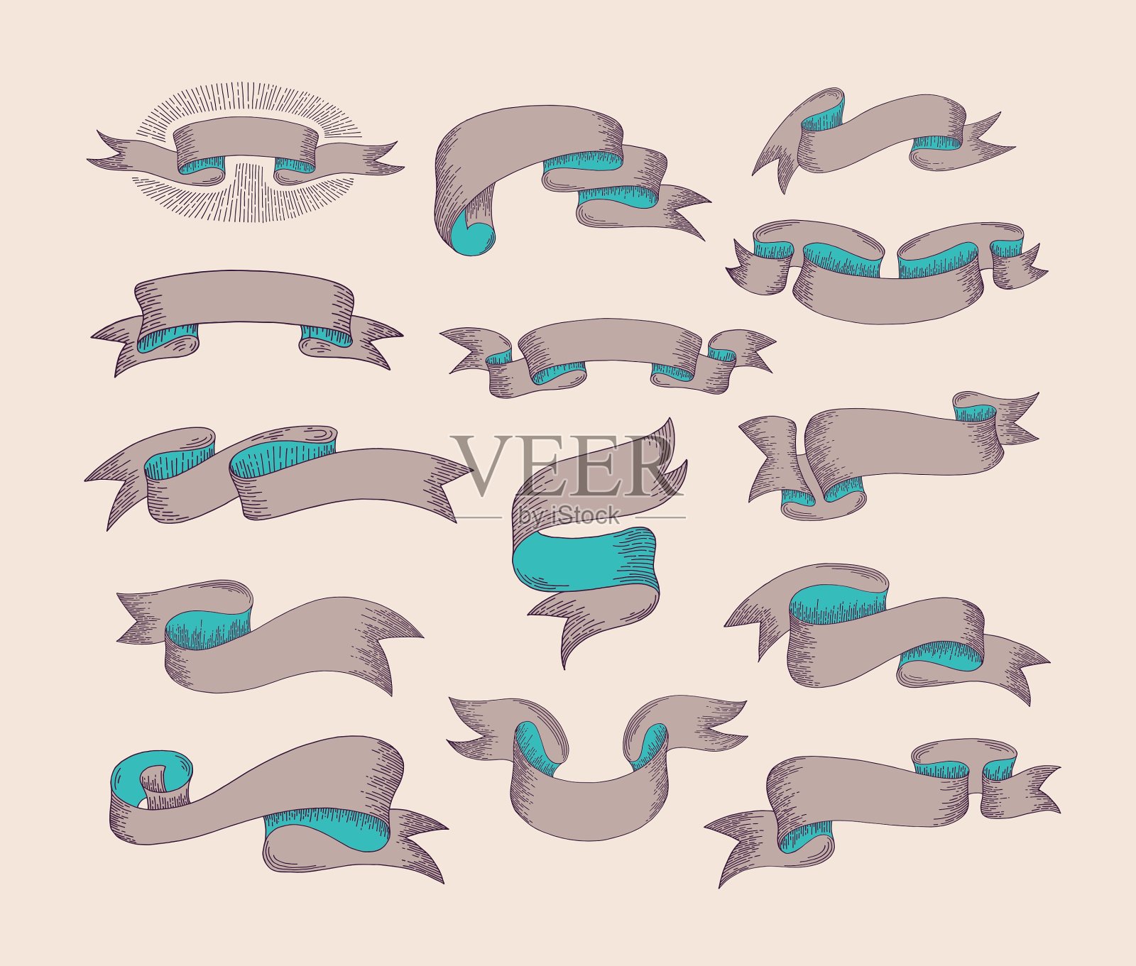 手工绘制的彩带套在雕刻的旧古董图标素材