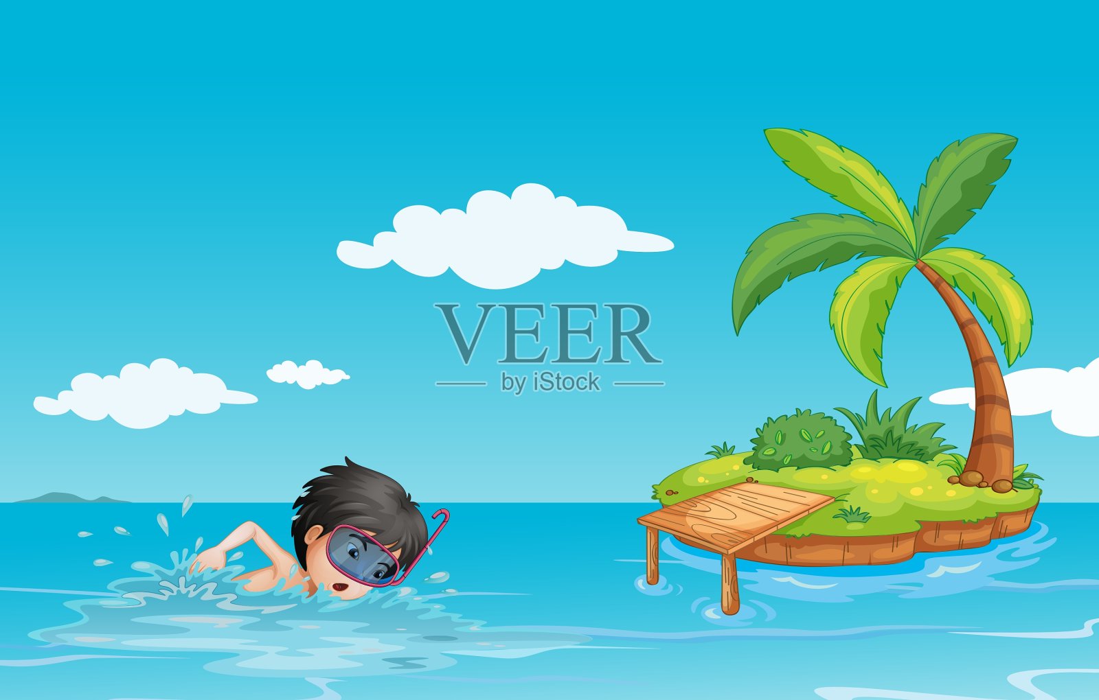 一位年轻的绅士在一个小岛附近游泳插画图片素材