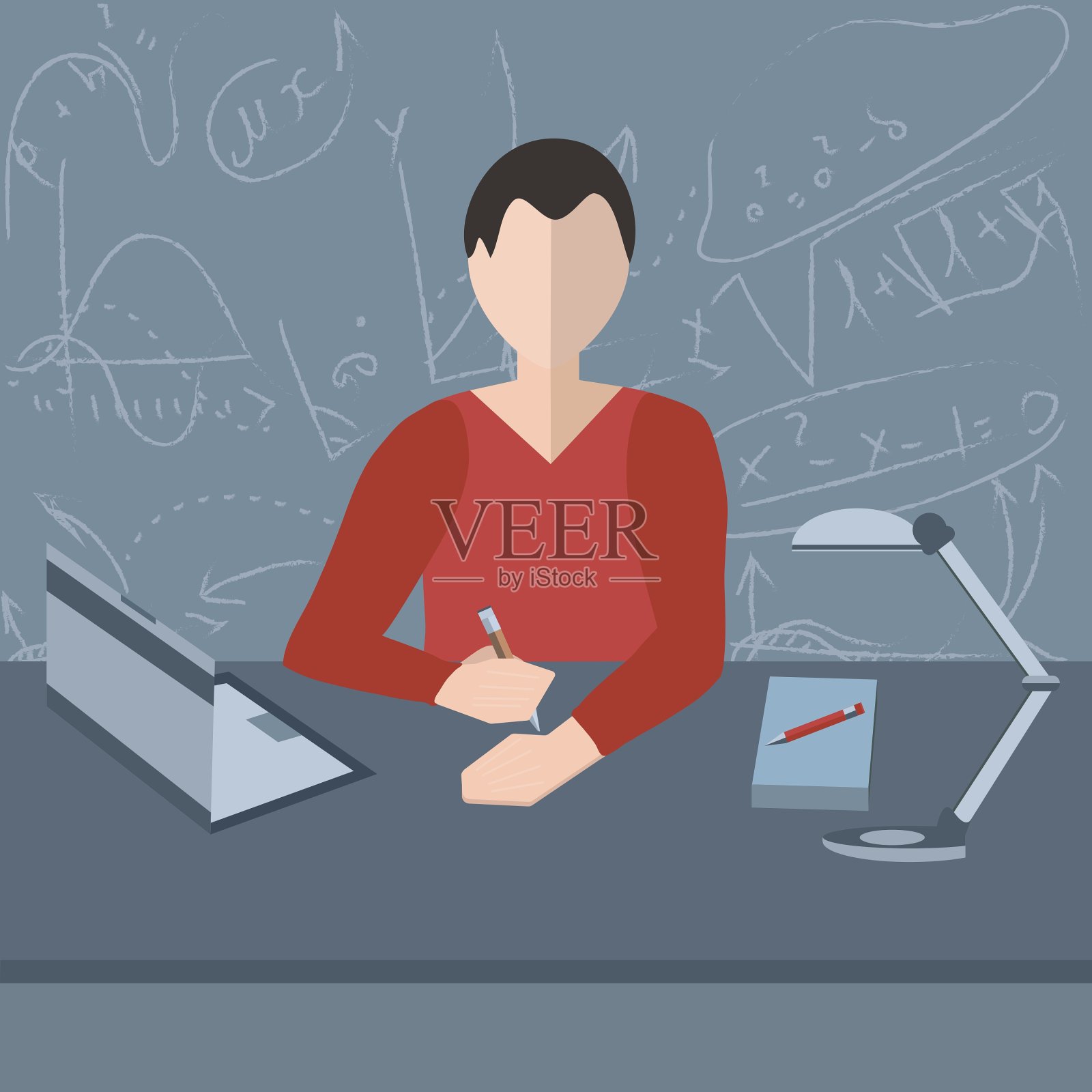 男人在桌上的笔记本台灯上看书插画图片素材