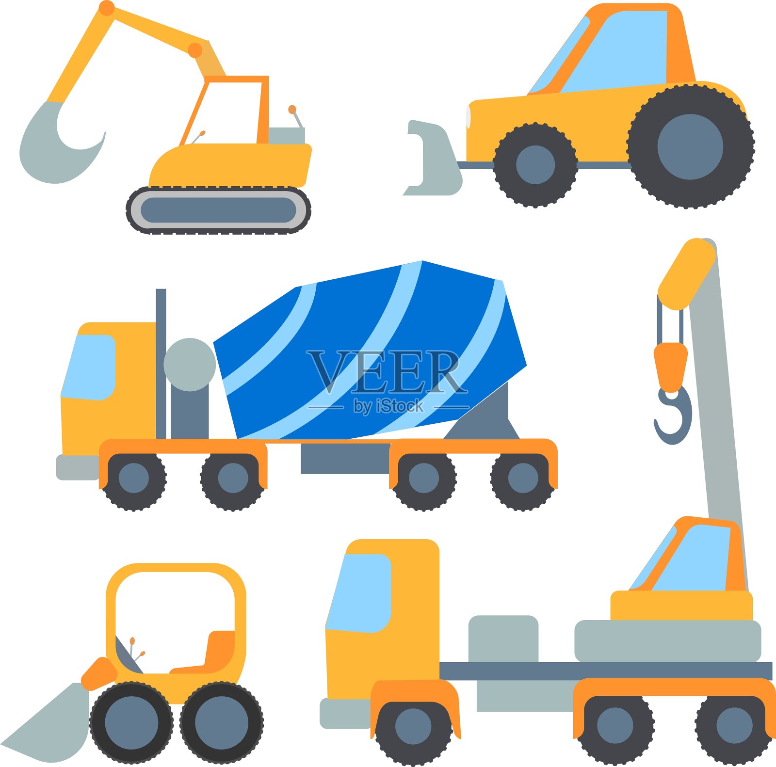 集板式汽车、拖拉机、运输车、混凝土搅拌机插画图片素材