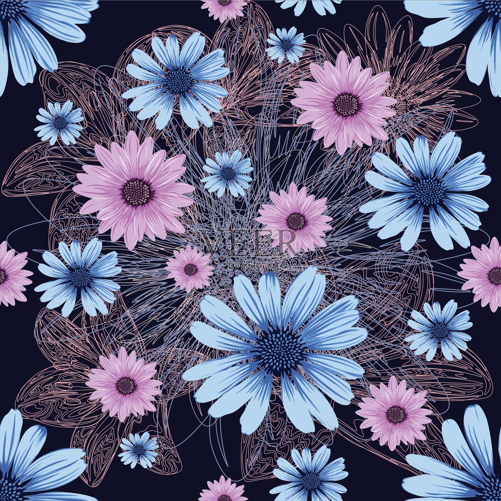 无缝紫罗兰图案与内衬和彩色插画图片素材