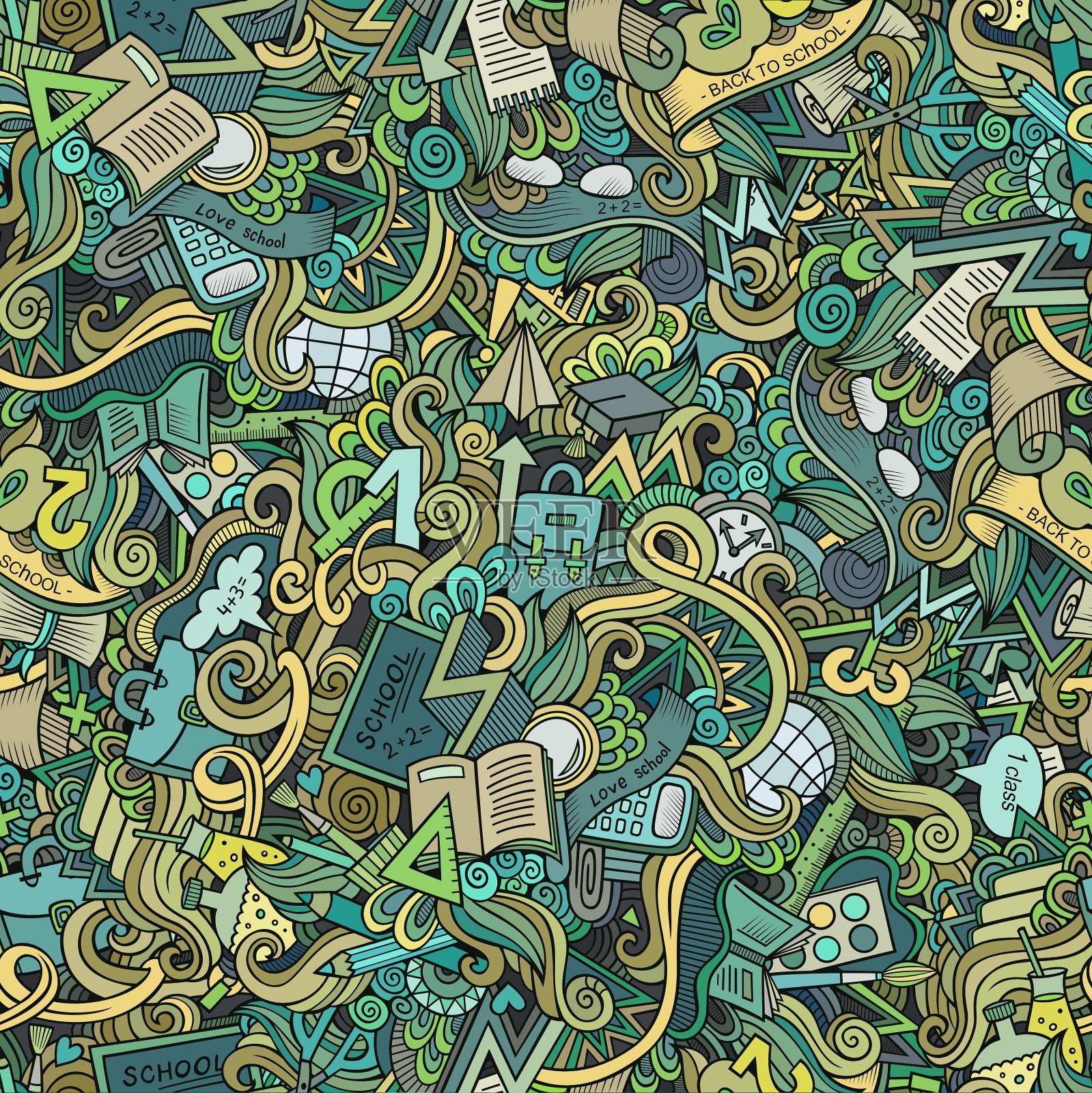 卡通可爱涂鸦学校无缝图案插画图片素材