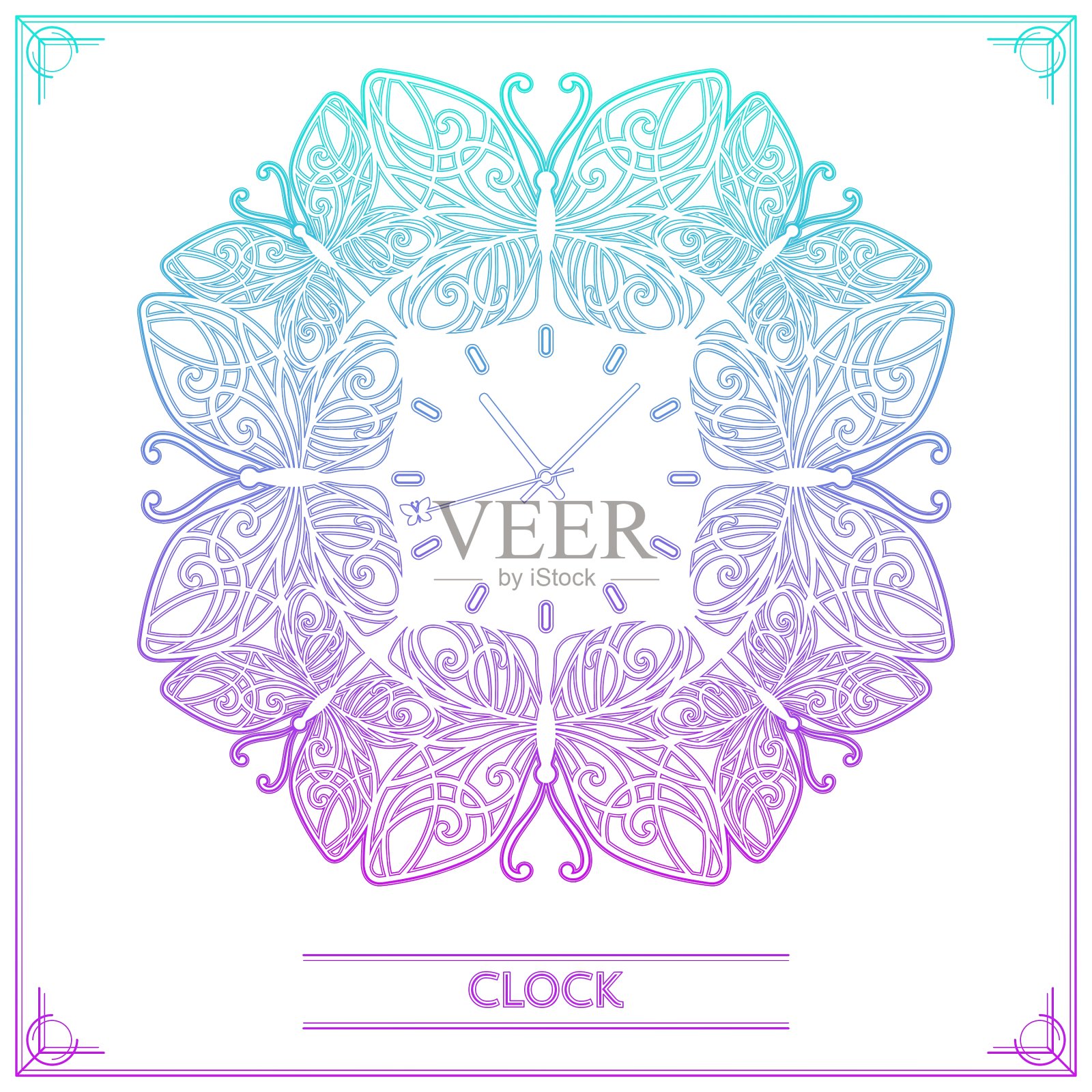 蝴蝶时钟线条图插画图片素材