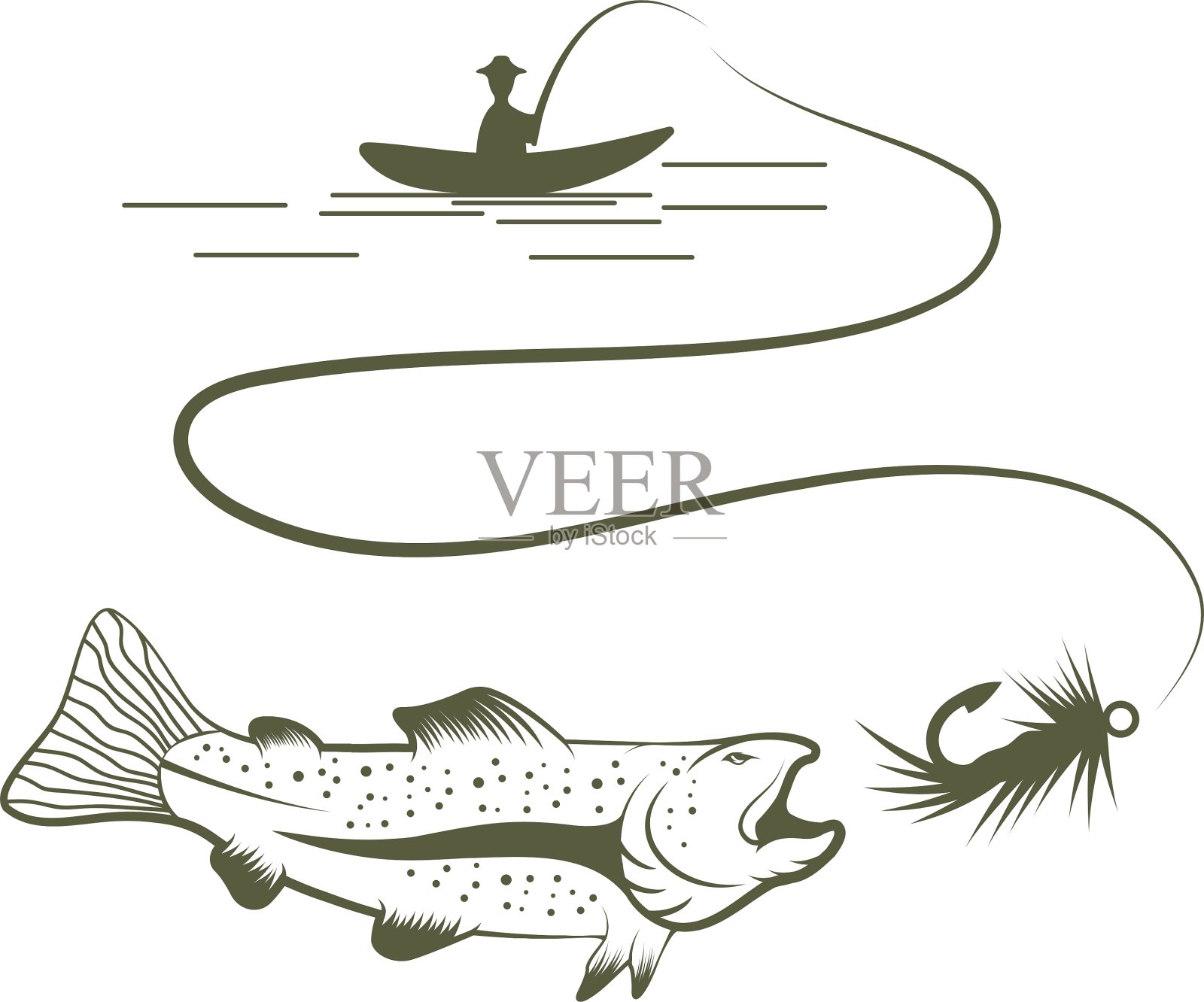 渔民在船和鲑鱼设计元素图片