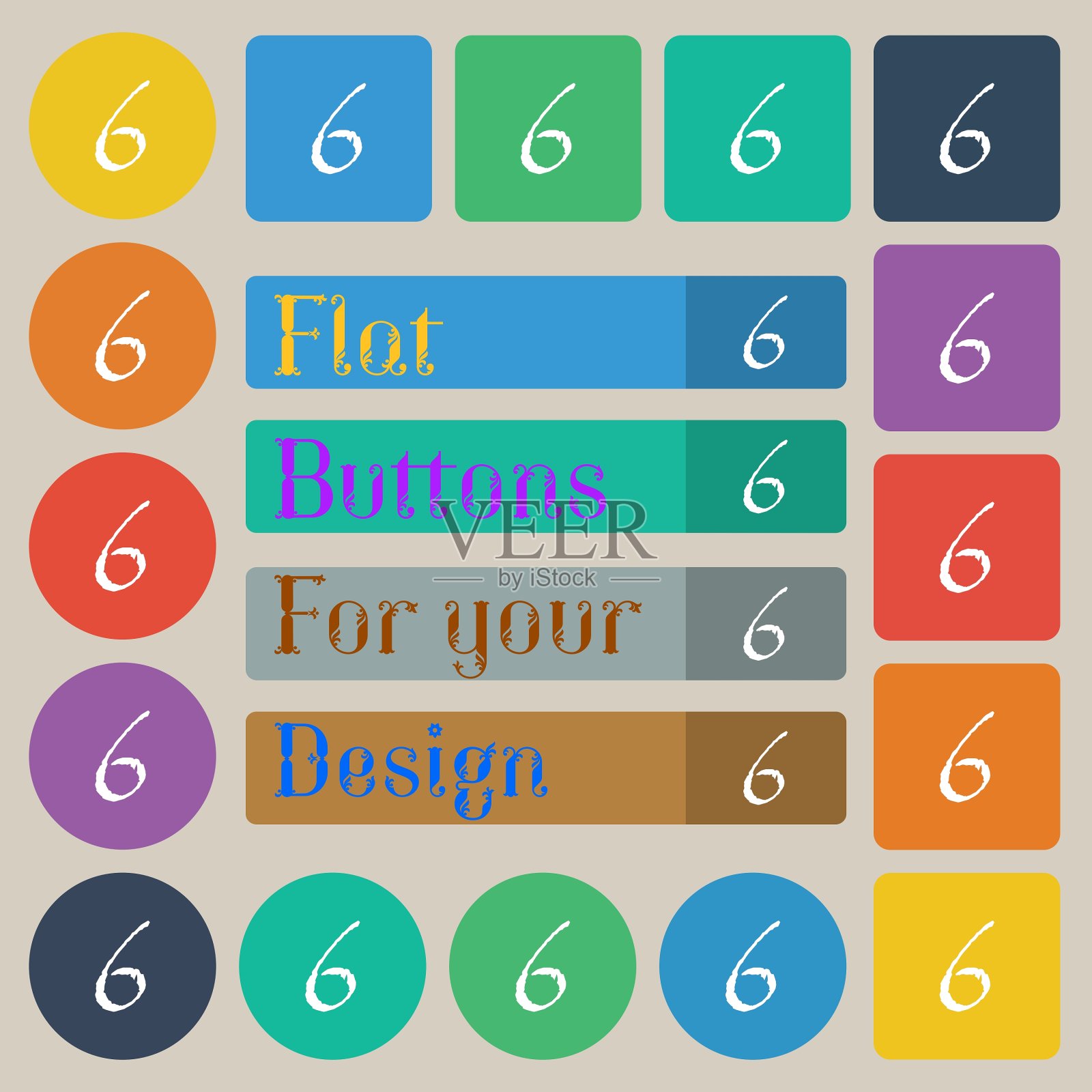 数字六图标标志二十种颜色的单位插画图片素材