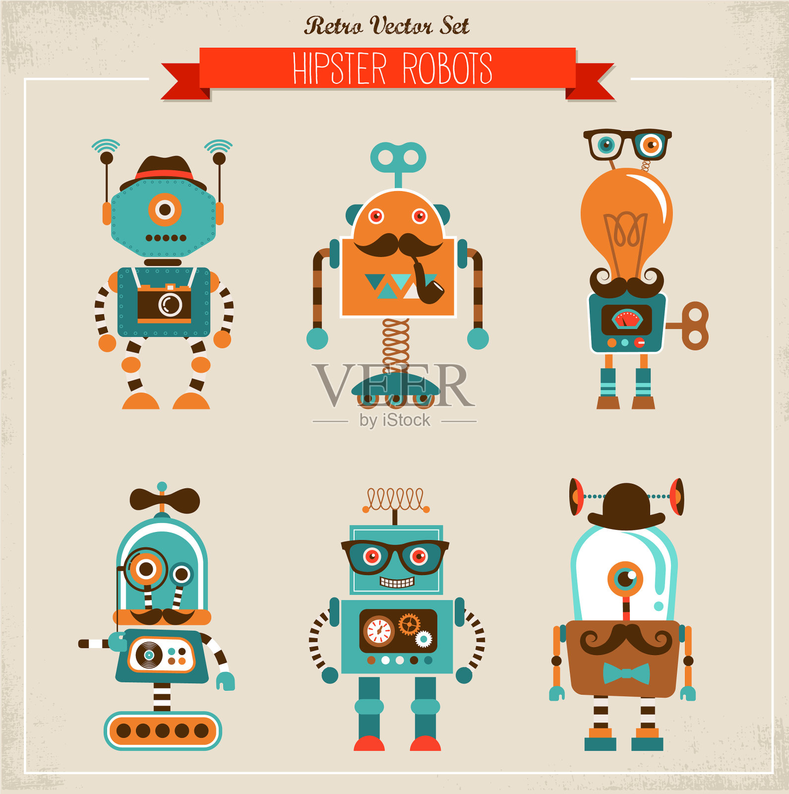 一套复古潮人机器人图标插画图片素材