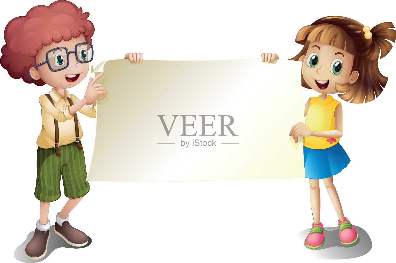 一个年轻的女孩和一个年轻的男孩拿着一个空的设计元素图片