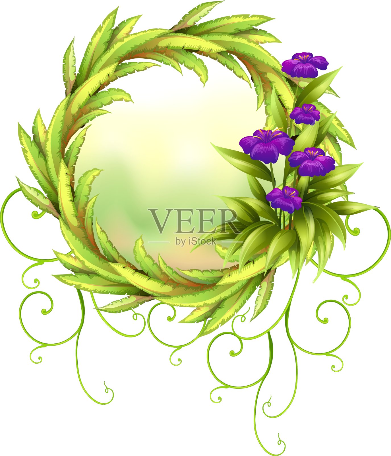 绿色的圆边上有紫罗兰花设计元素图片