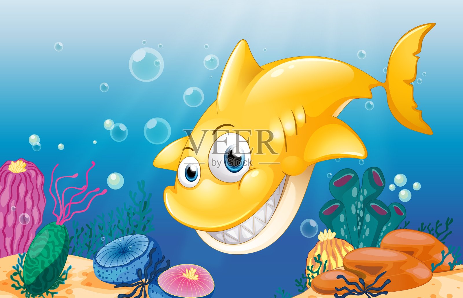 一条在海底微笑的黄色鲨鱼插画图片素材