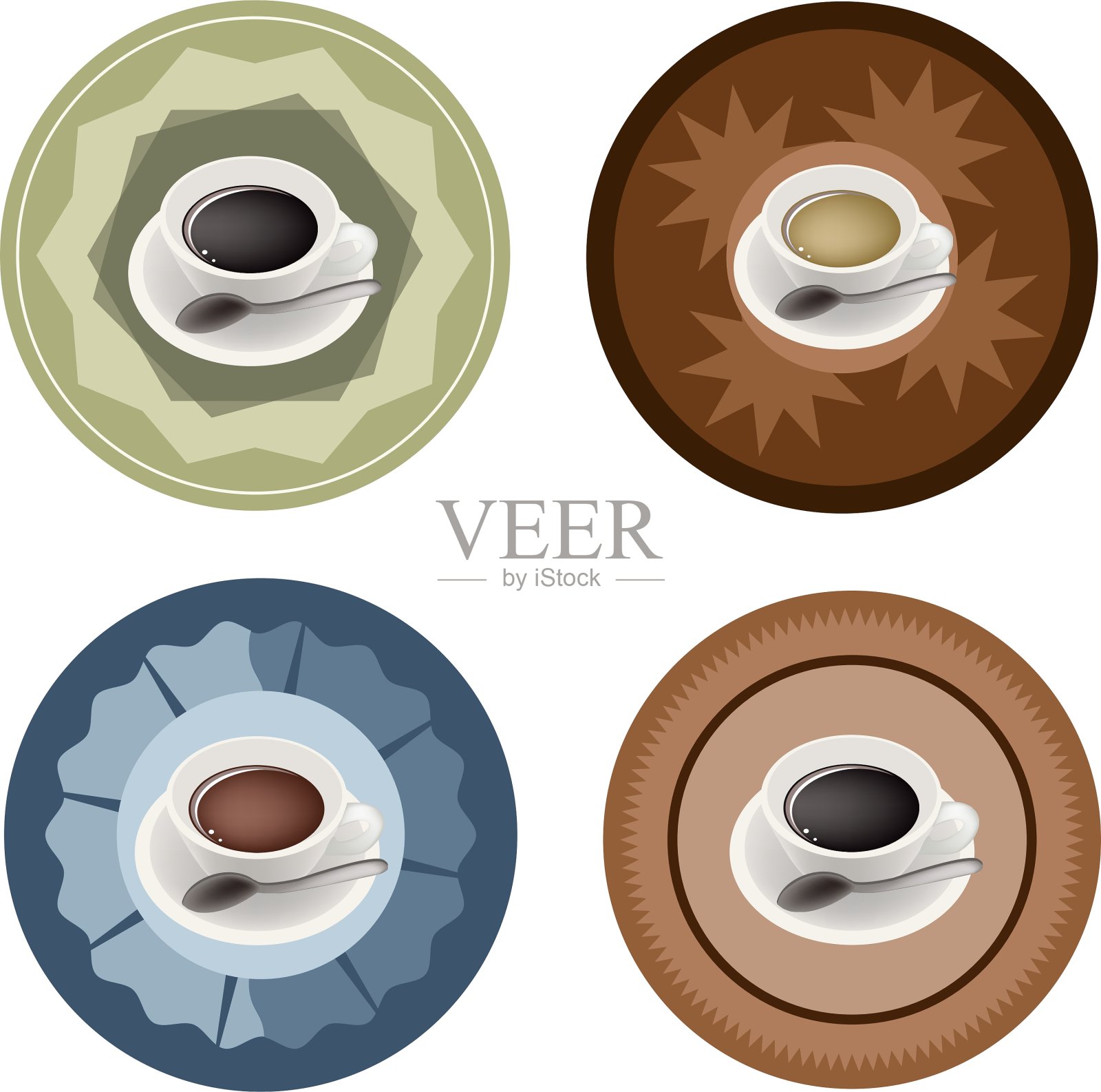 四种类型的热咖啡在复古圆形标签插画图片素材