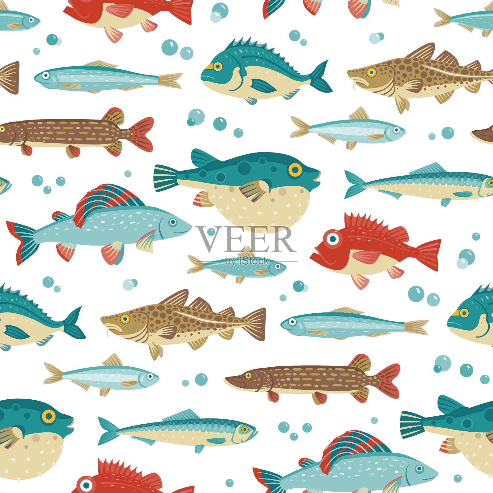 彩鱼无缝图案插画图片素材