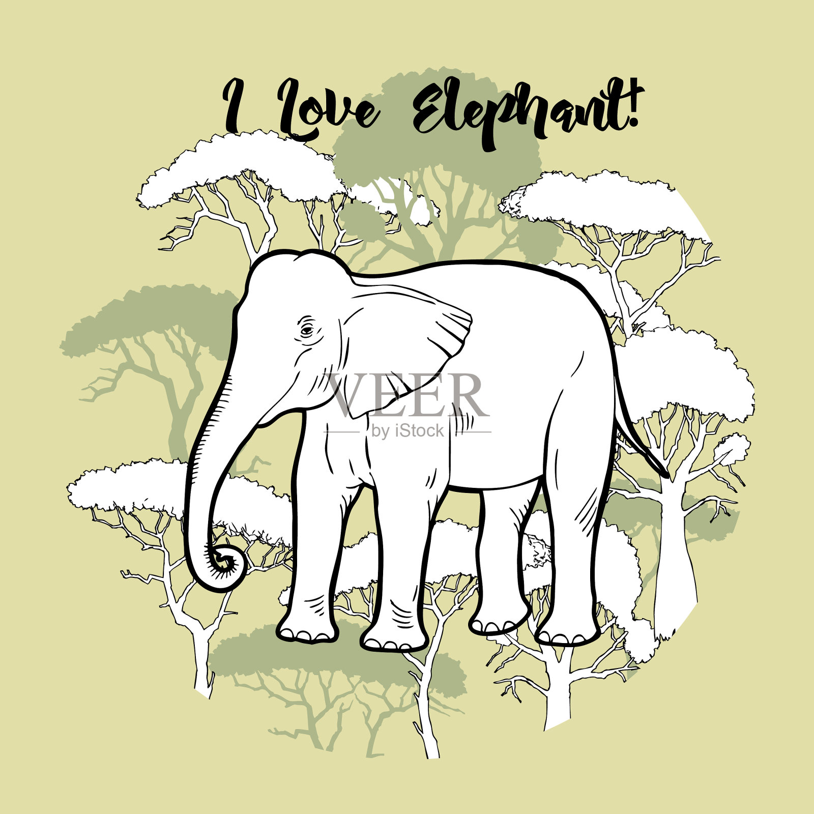 大象和稀树印插画图片素材