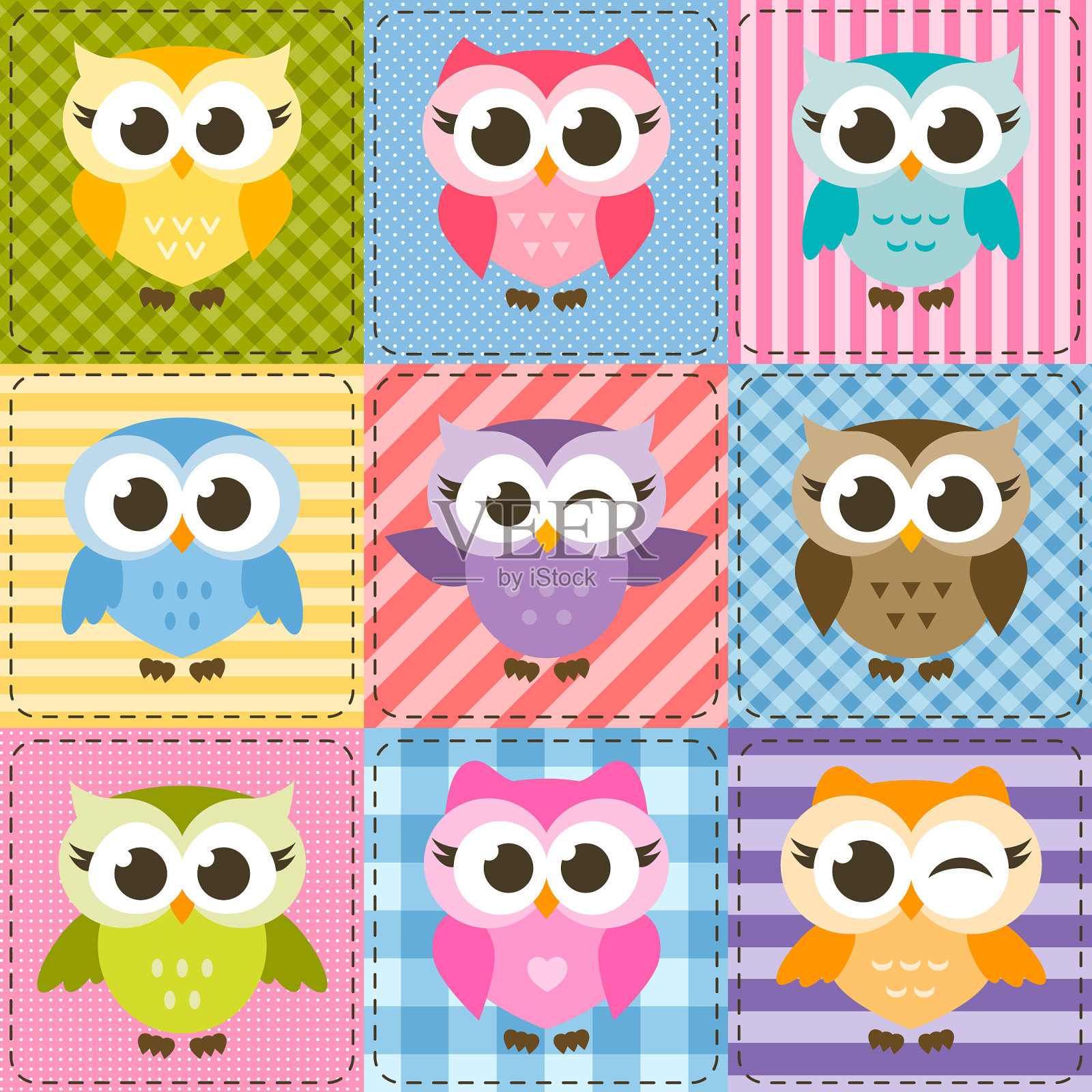 拼接背景与彩色有趣的猫头鹰插画图片素材