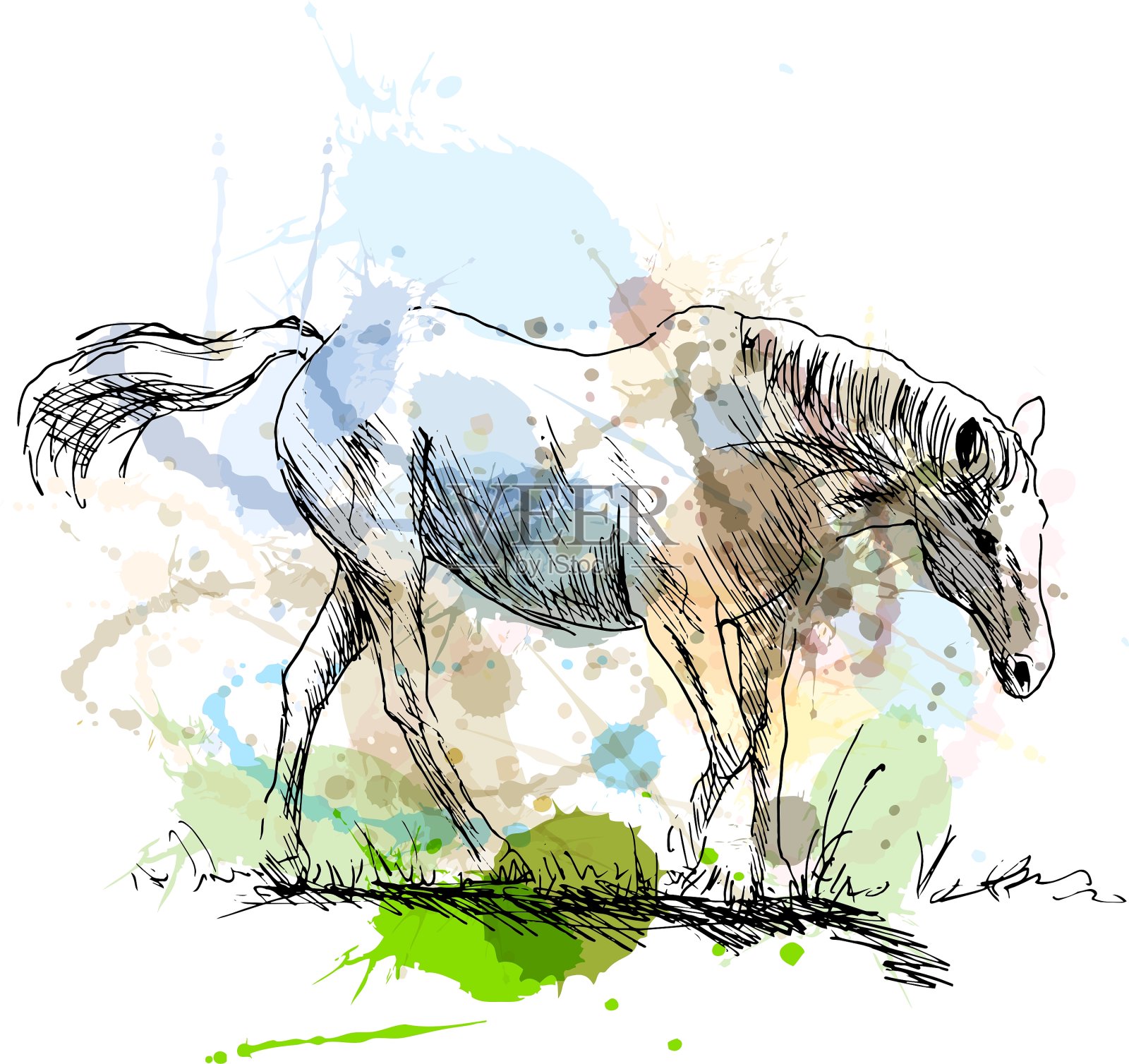 一匹白马的彩色手绘图设计元素图片