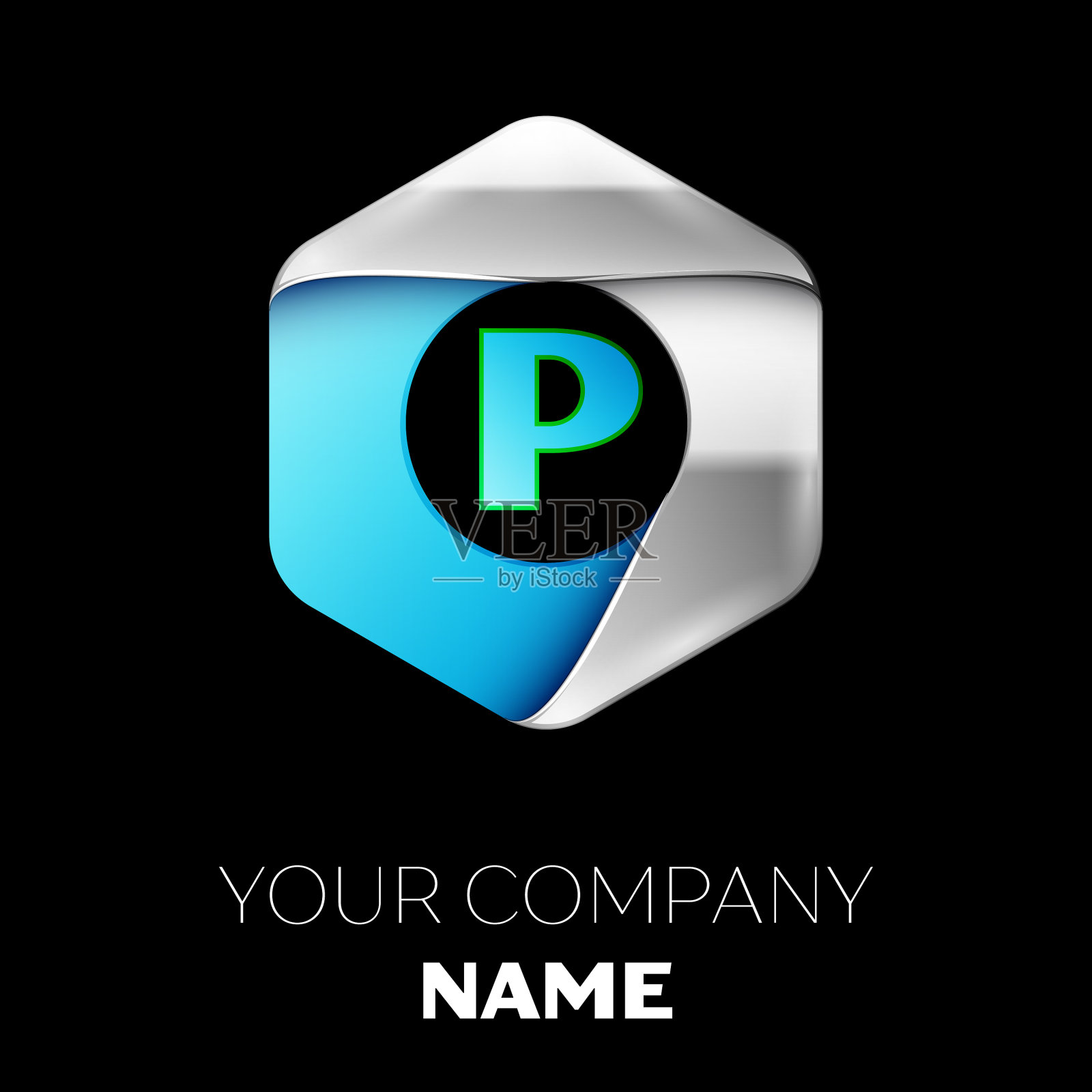 蓝字母p标志在银蓝色六角形插画图片素材