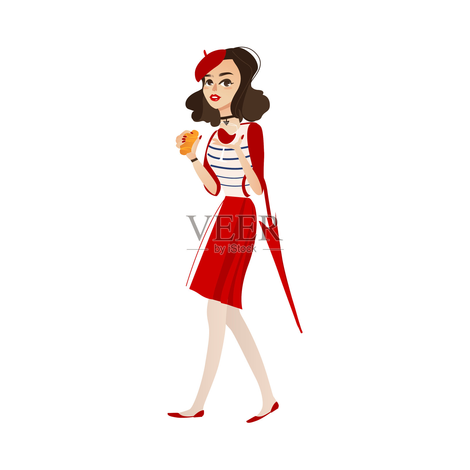 戴贝雷帽，喝羊角面包的女孩设计元素图片