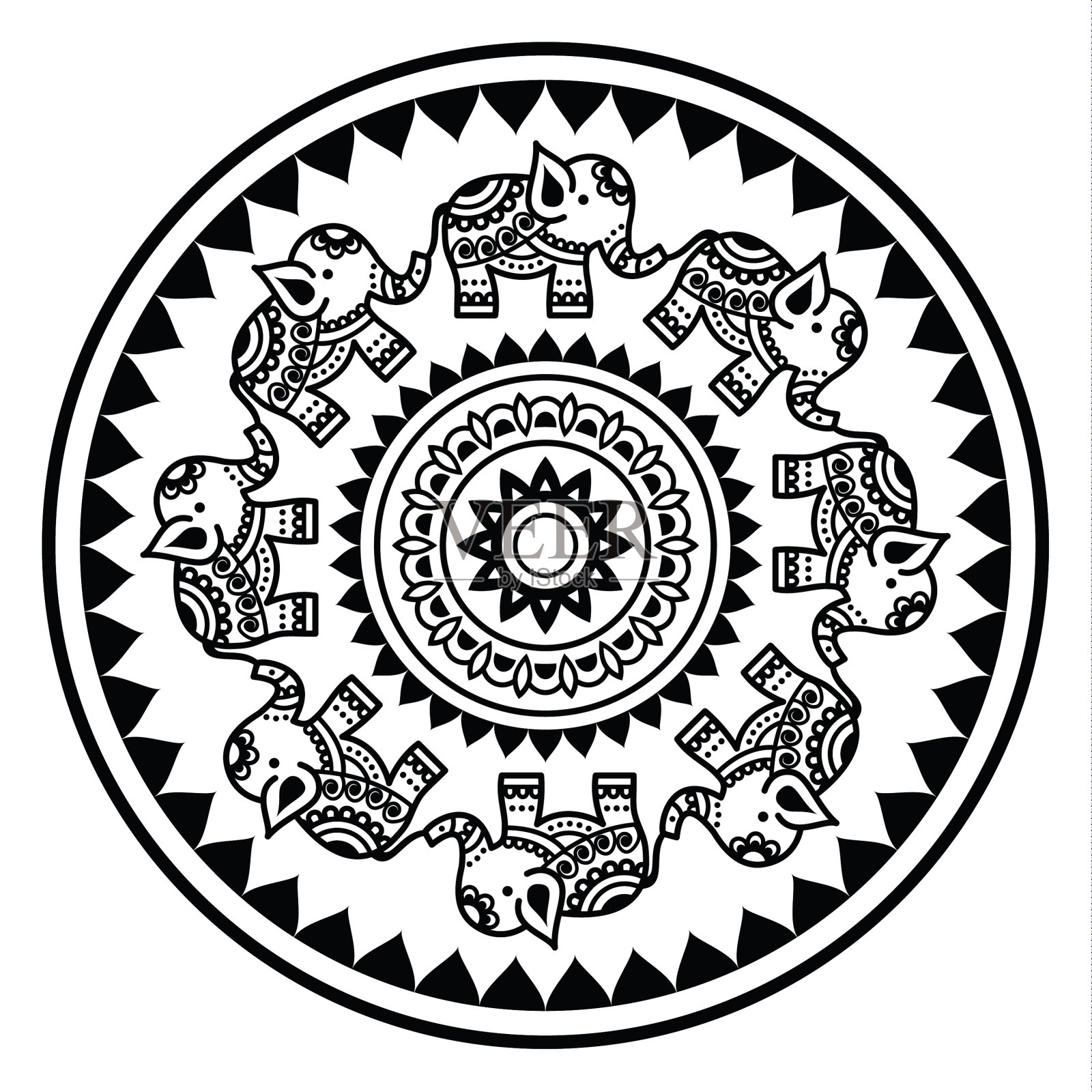 有大象和抽象形状的印度曼荼罗插画图片素材