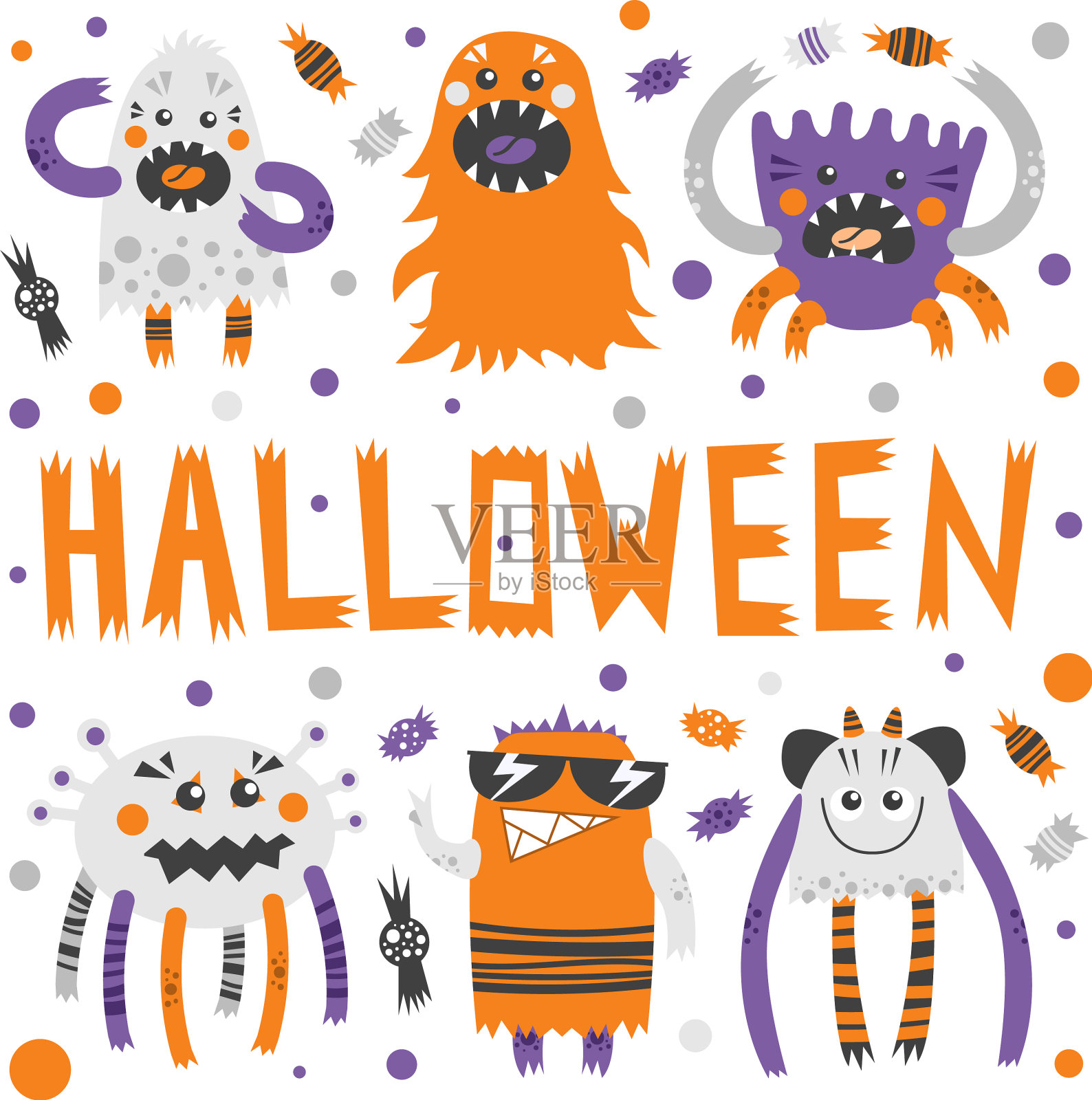 一组吓人但可爱的万圣节怪物插画图片素材