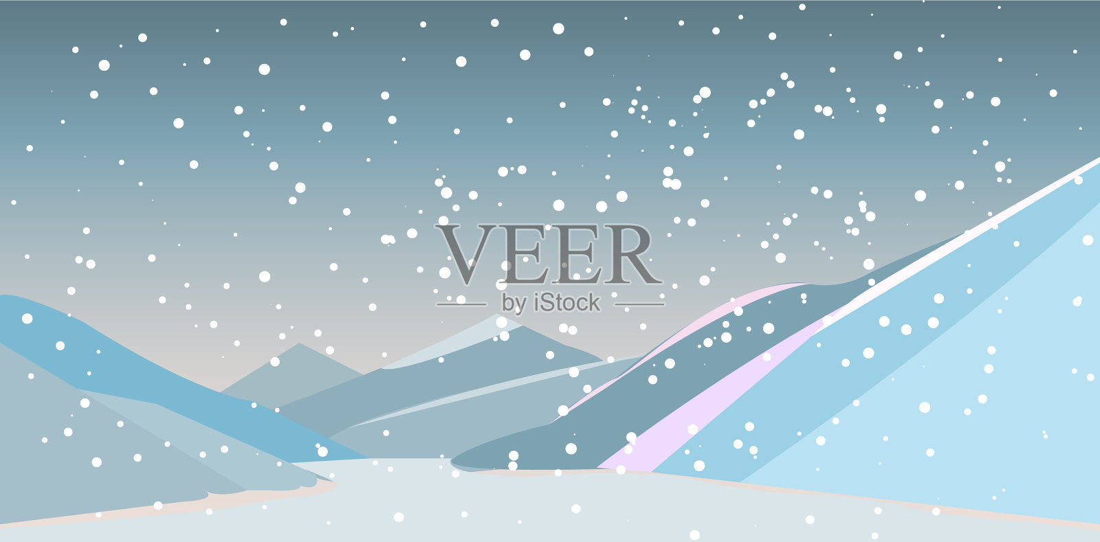 山上的河流和飘落的雪插画图片素材