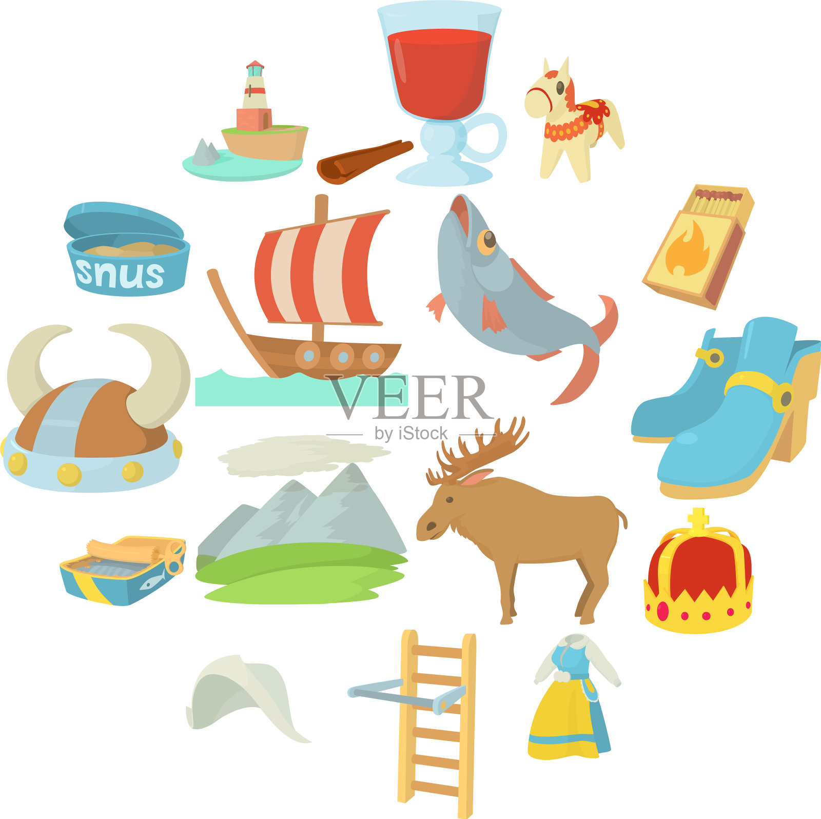 瑞典旅游标志图标设定卡通风格图标素材