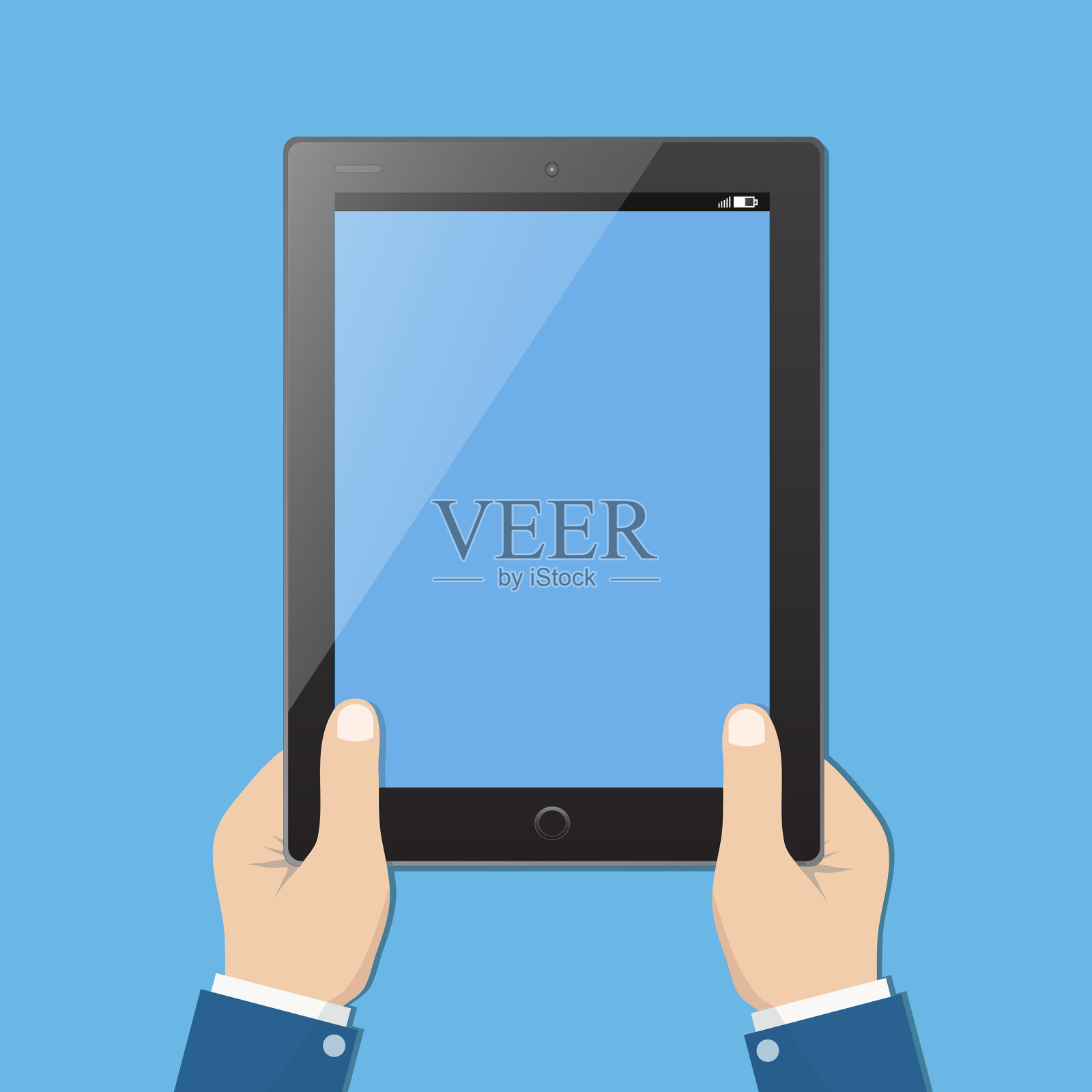 商人手持空白蓝屏平板电脑插画图片素材