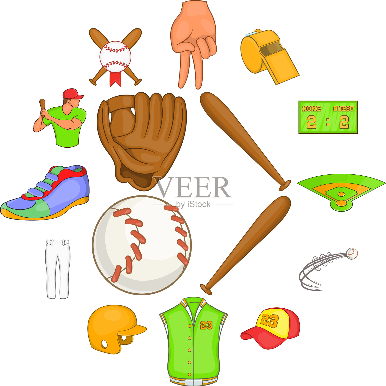 棒球图标设置卡通风格图标素材
