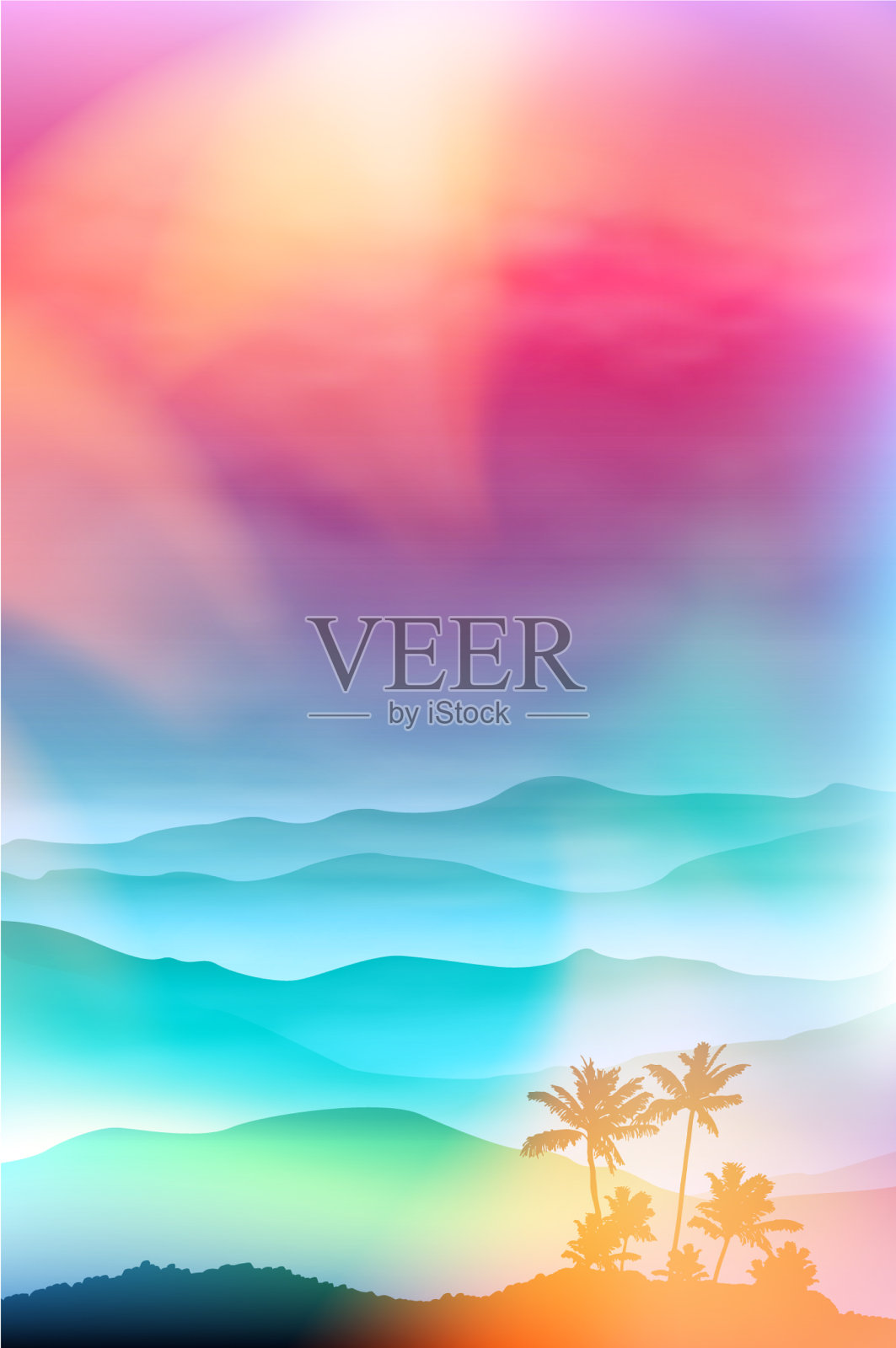 背景与棕榈树和山在雾插画图片素材