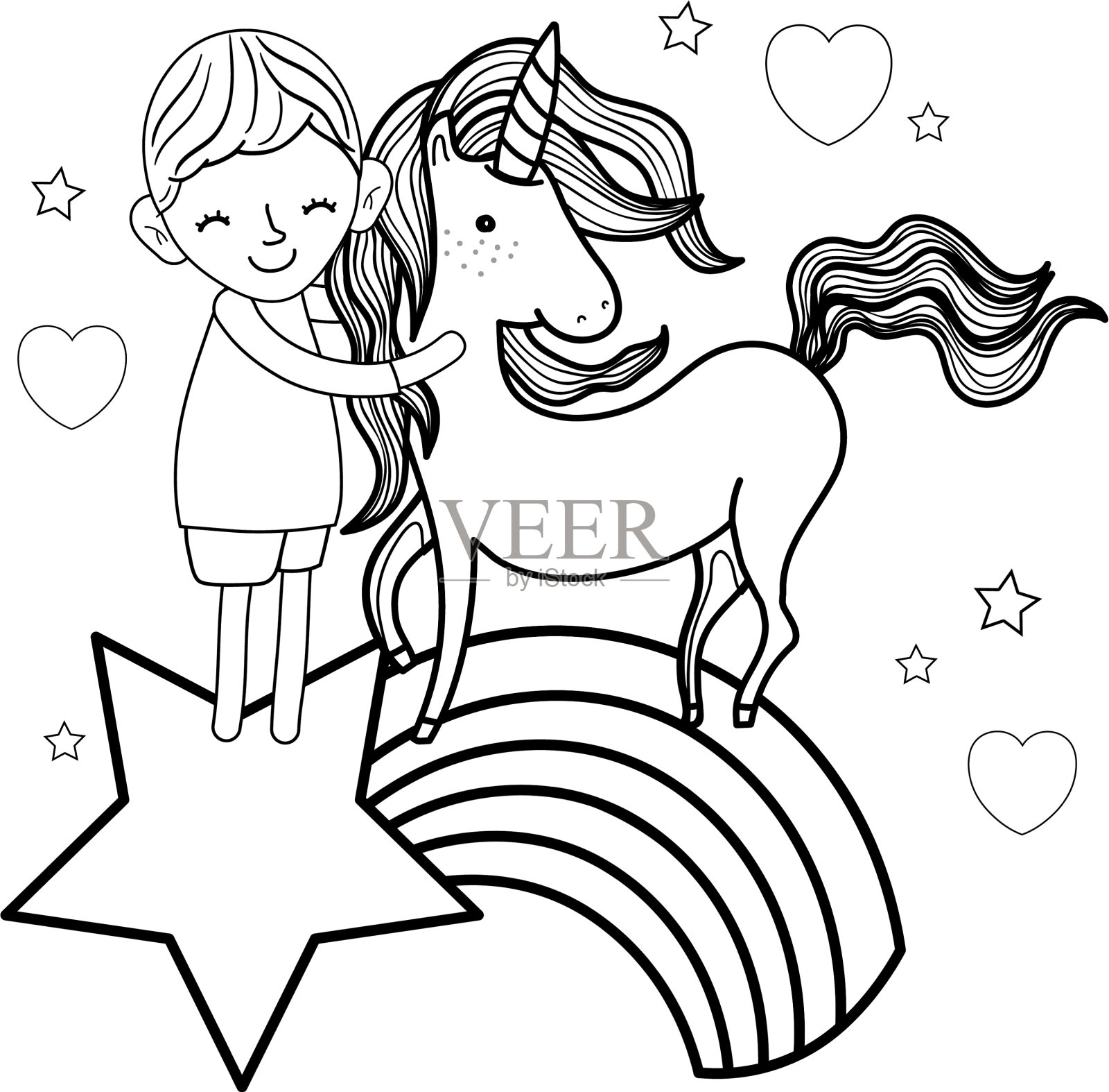 男孩和独角兽在彩虹和星星设计元素图片