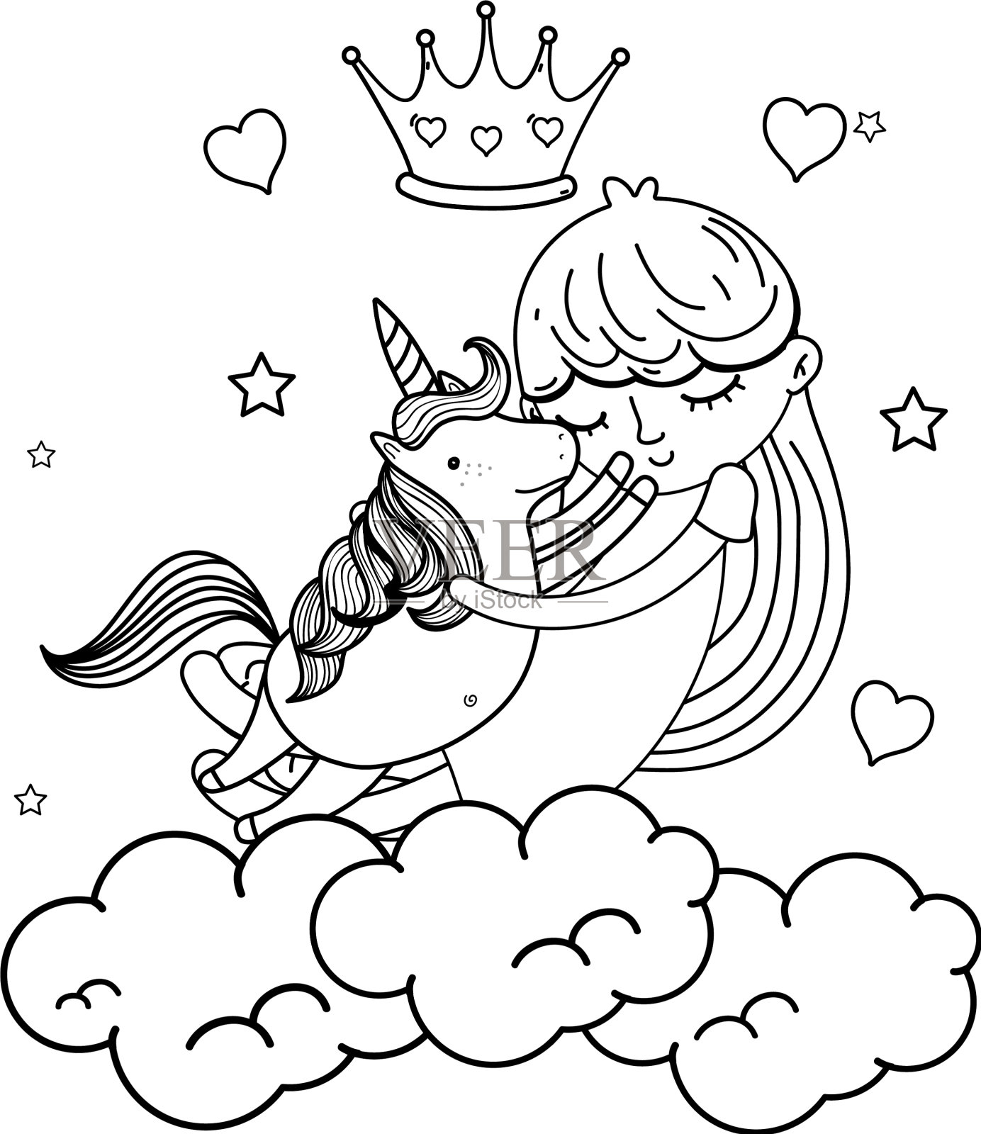 线姑娘抱着独角兽在云中戴着皇冠设计元素图片